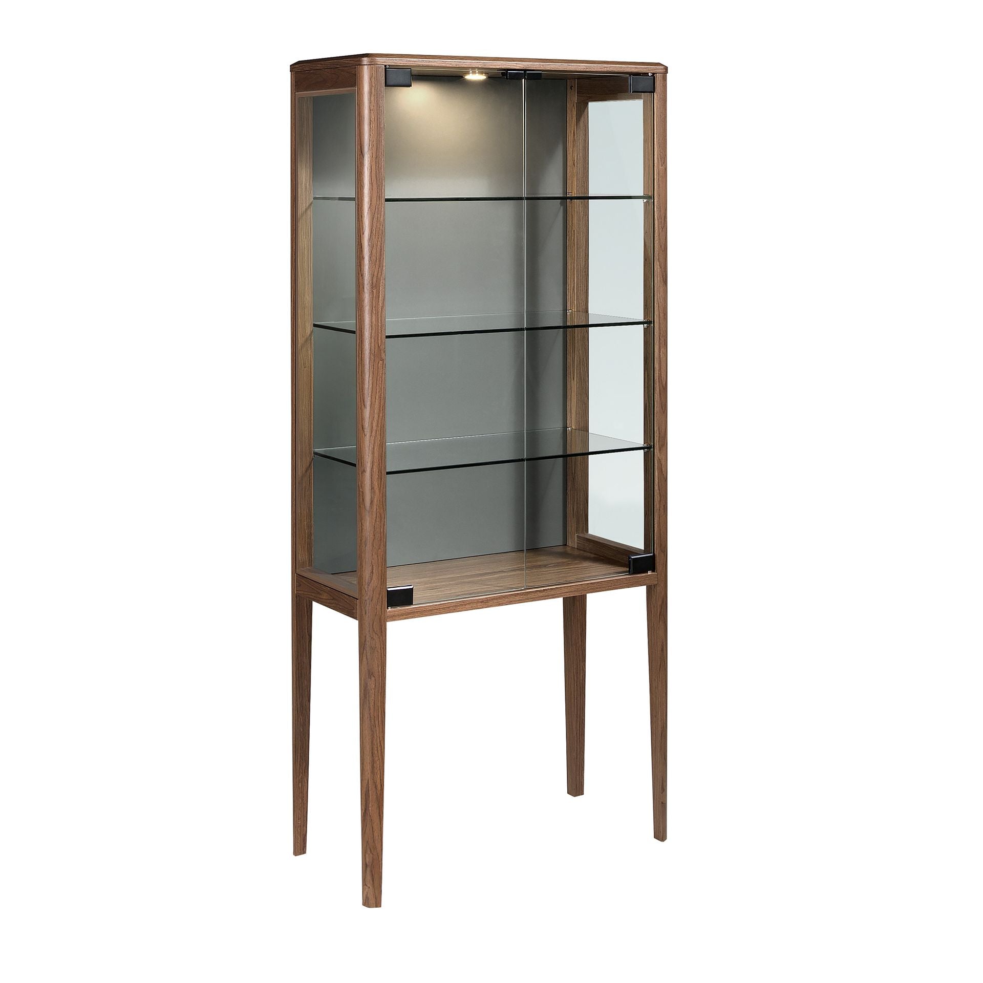 Credenza alta in vetro temperato e noce con illuminazione interna
