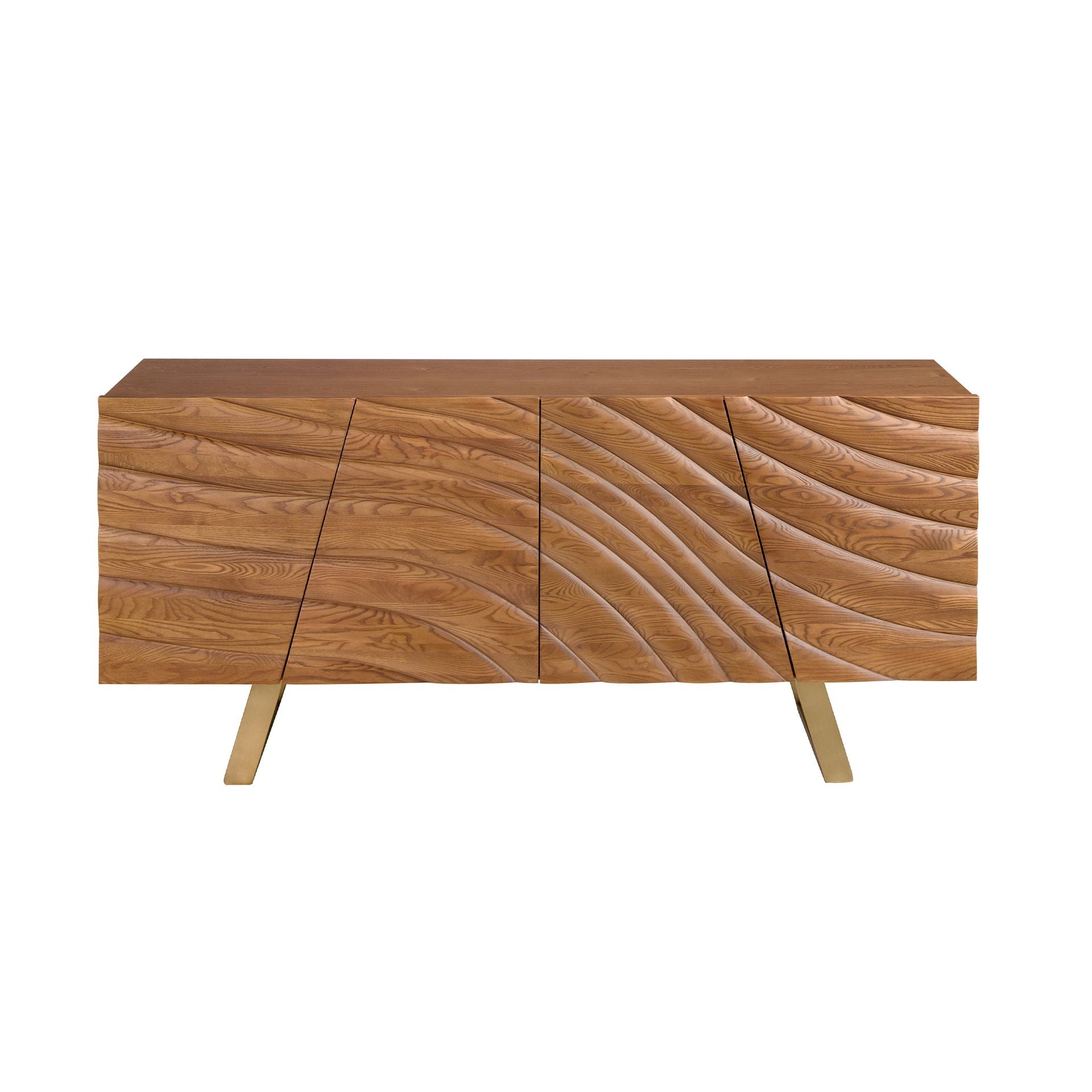 Credenza in noce chiaro e acciaio lucidato color oro