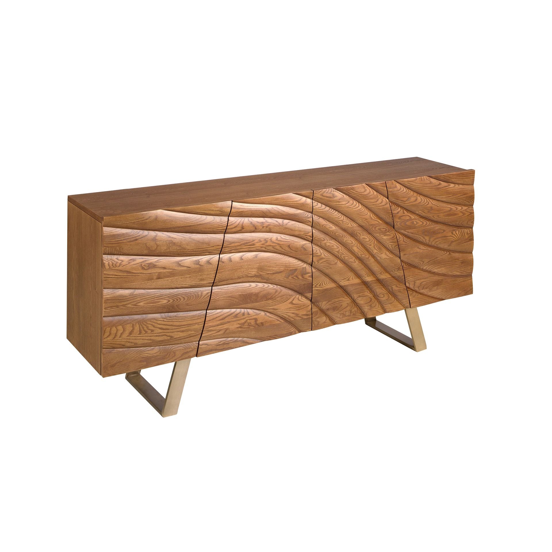 Credenza in noce chiaro e acciaio lucidato color oro
