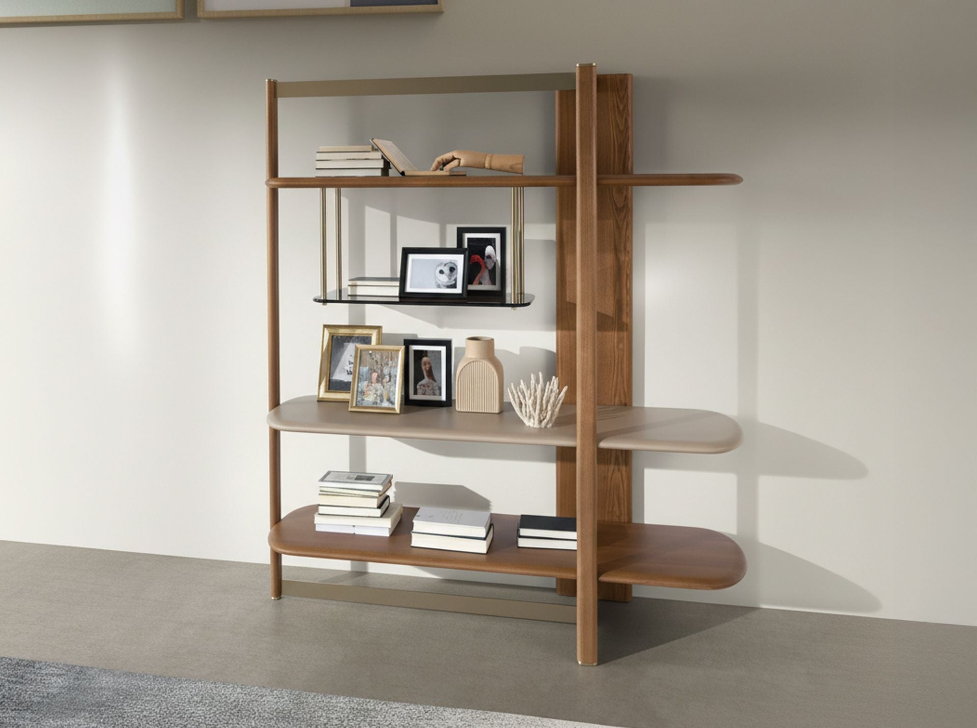 Libreria rettangolare destra in noce chiaro e legno color greige