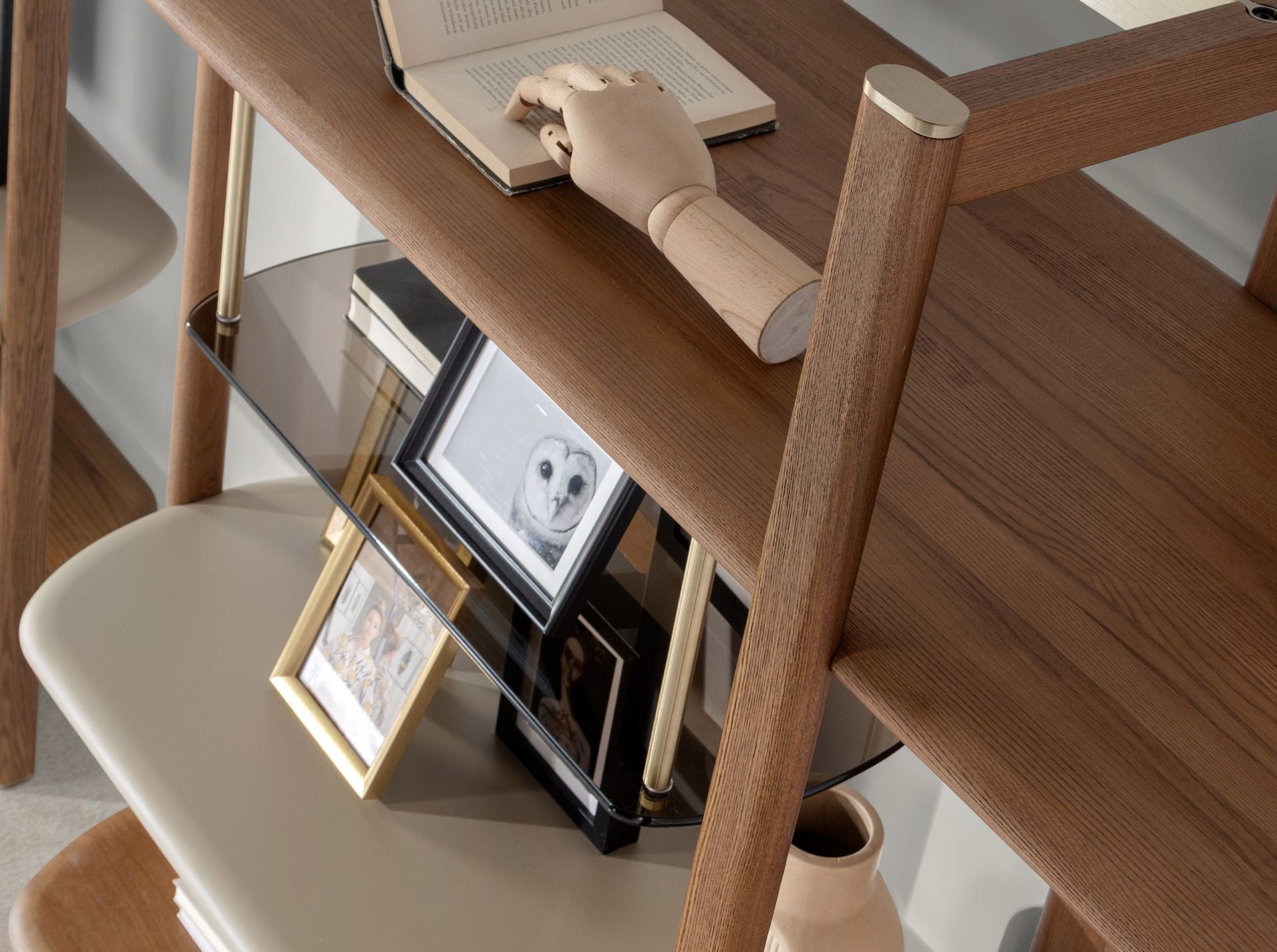 Libreria rettangolare destra in noce chiaro e legno color greige