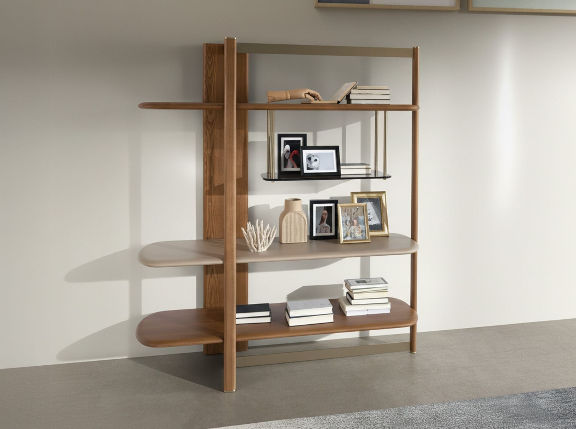Libreria rettangolare sinistra in noce chiaro e legno color greige