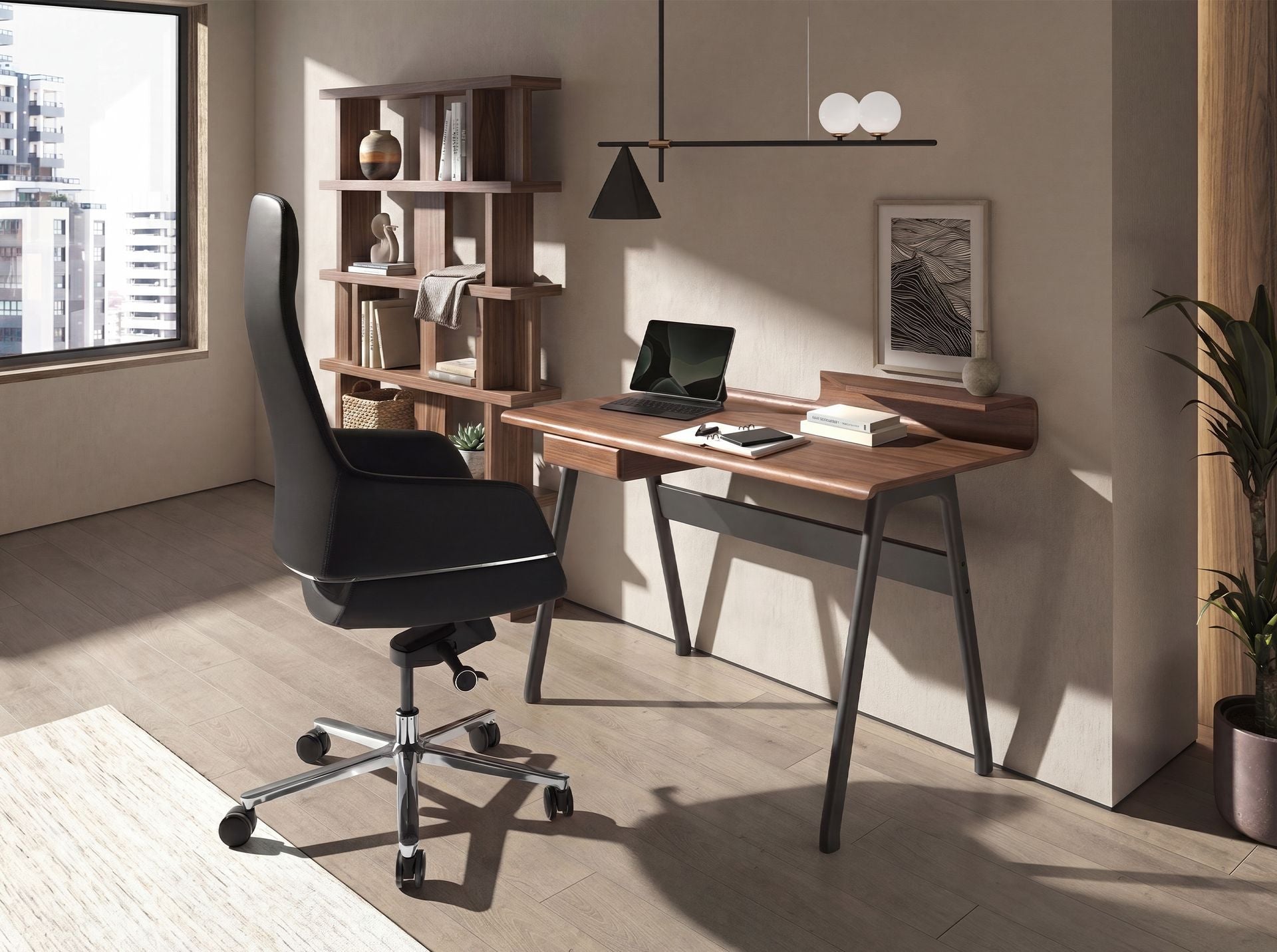 Scrivania in noce e fibra di vetro color grigio scuro metallizzato