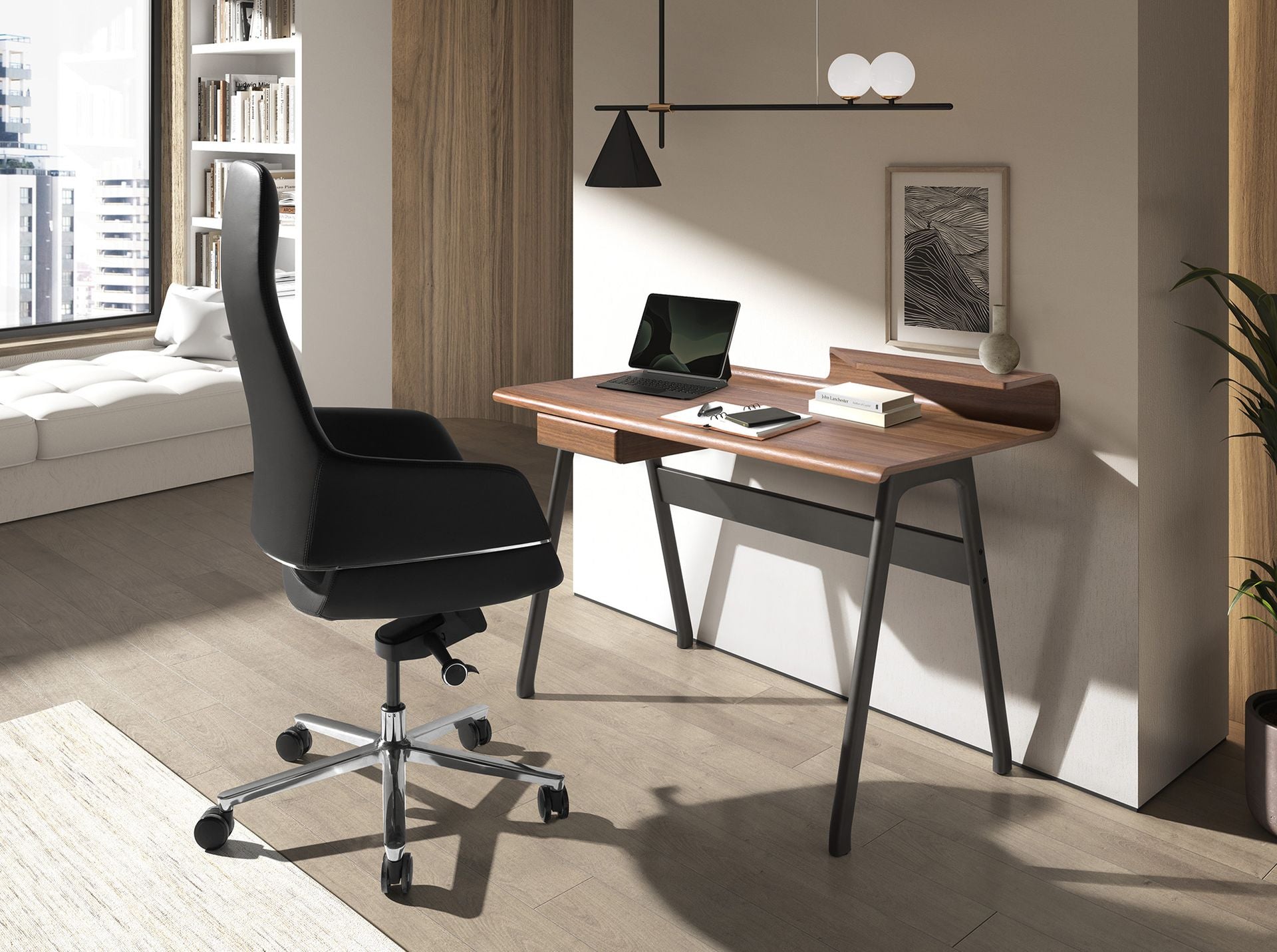 Scrivania in noce e fibra di vetro color grigio scuro metallizzato