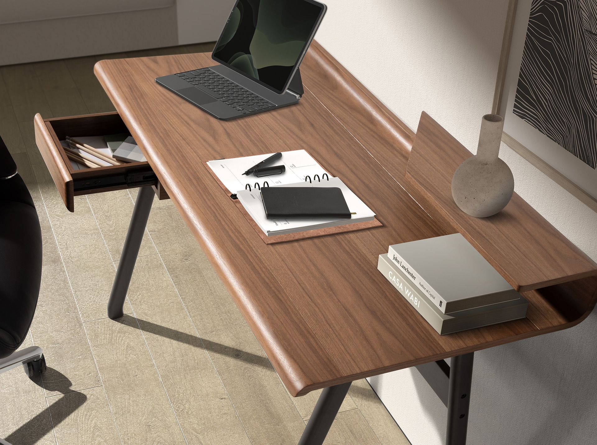 Scrivania in noce e fibra di vetro color grigio scuro metallizzato