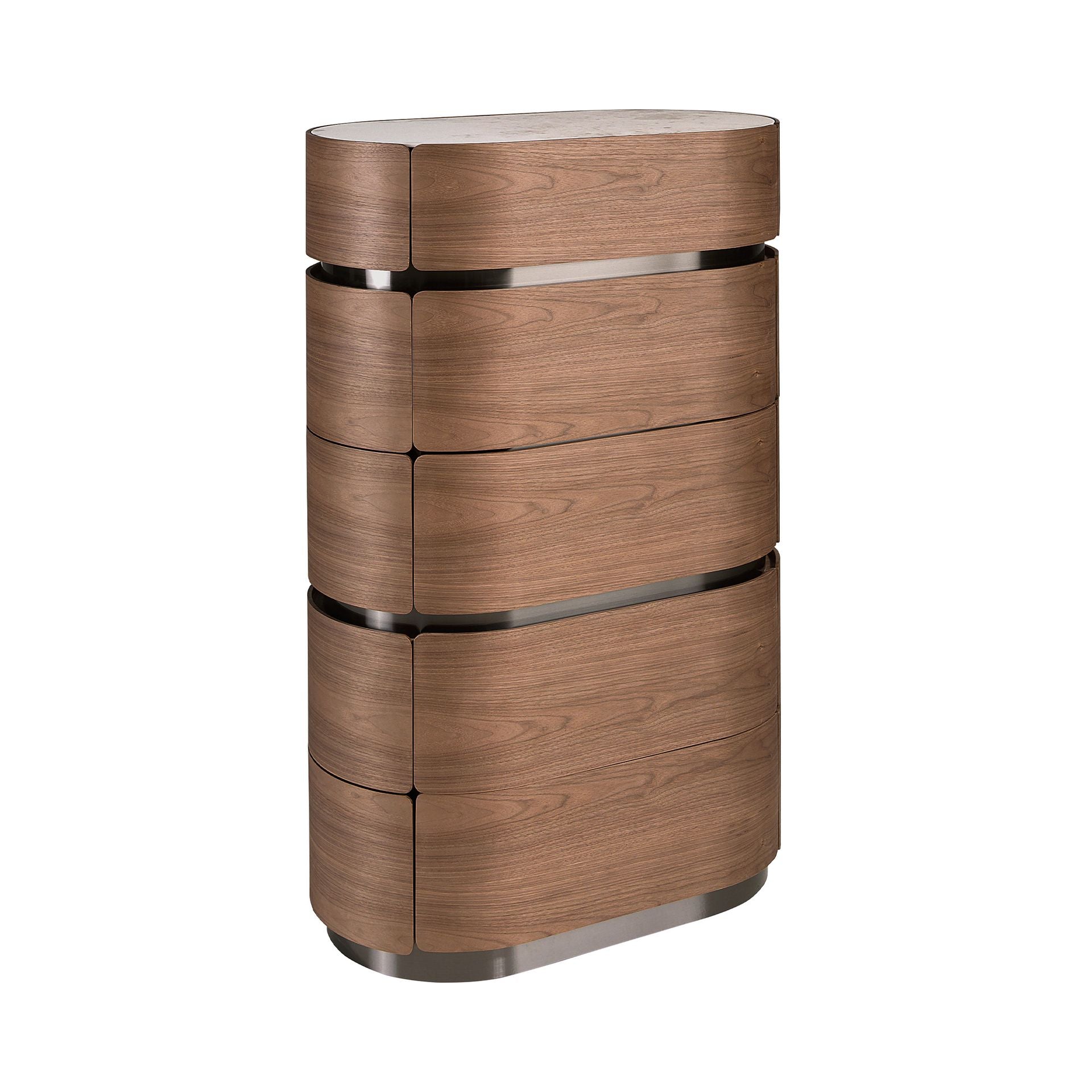 Settimino in noce con base in acciaio brunito e piano in marmo porcellanato