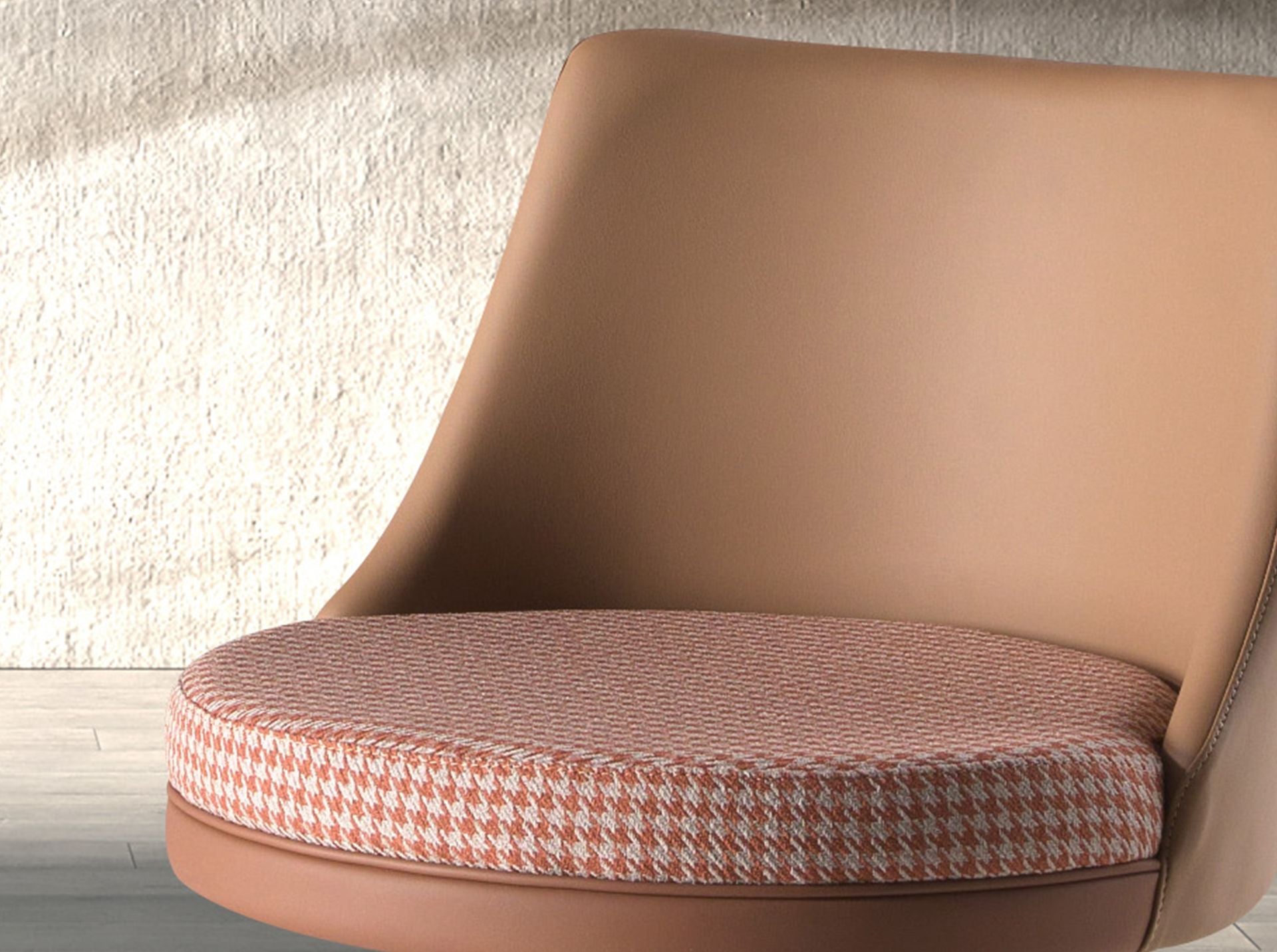 Sgabello girevole in tessuto marrone terracotta e beige e similpelle marrone