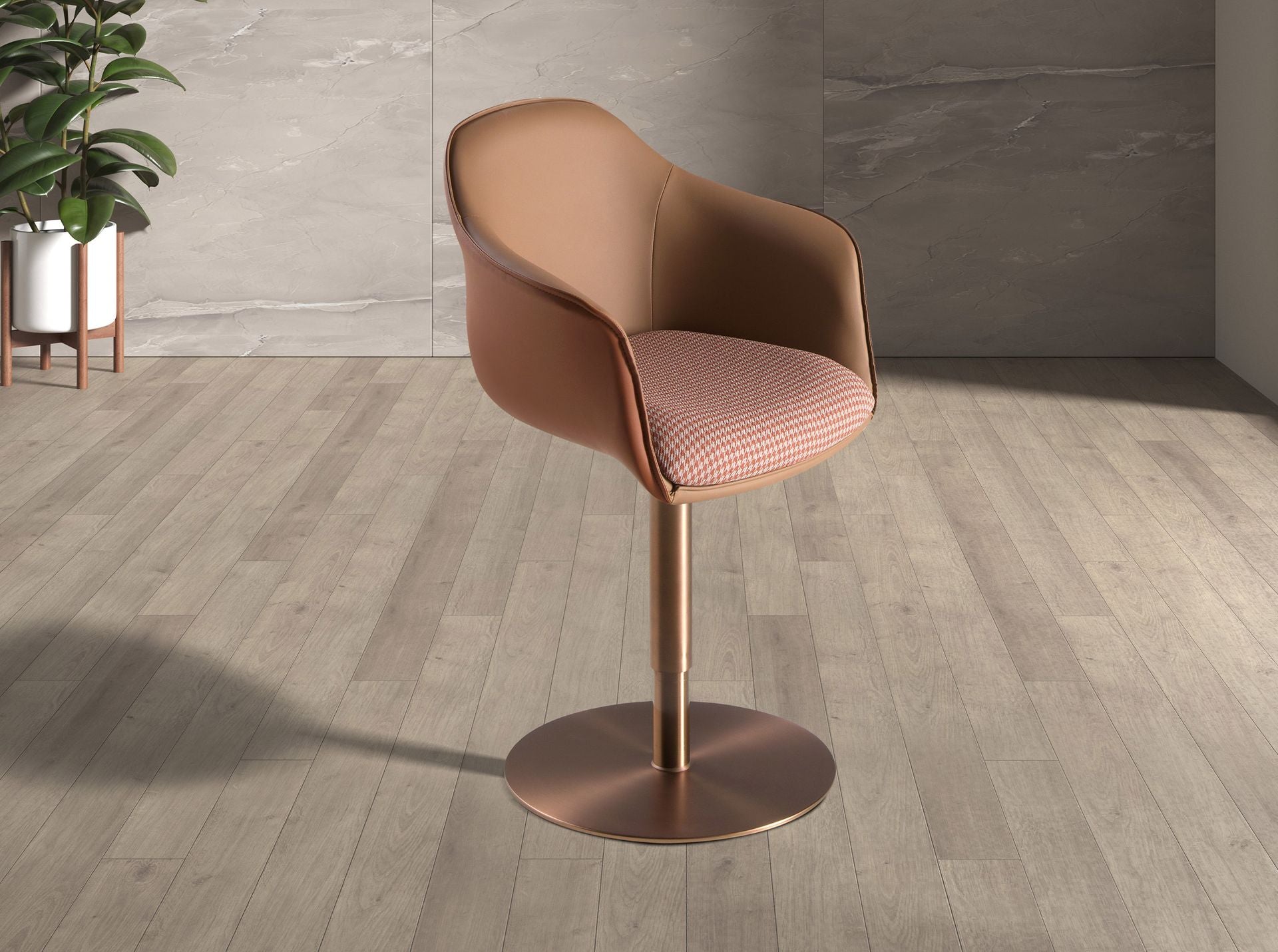 Sedia girevole tessuto marrone terracotta e beige e similipelle marrone