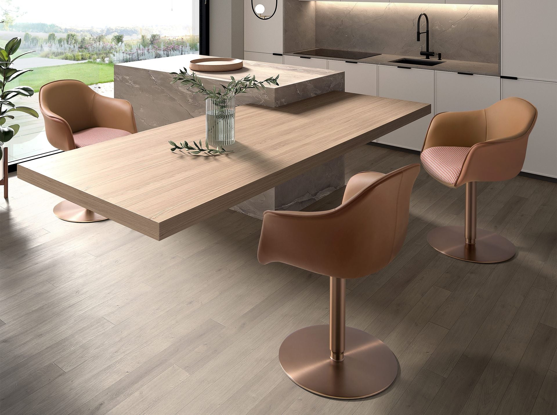 Sedia girevole tessuto marrone terracotta e beige e similipelle marrone