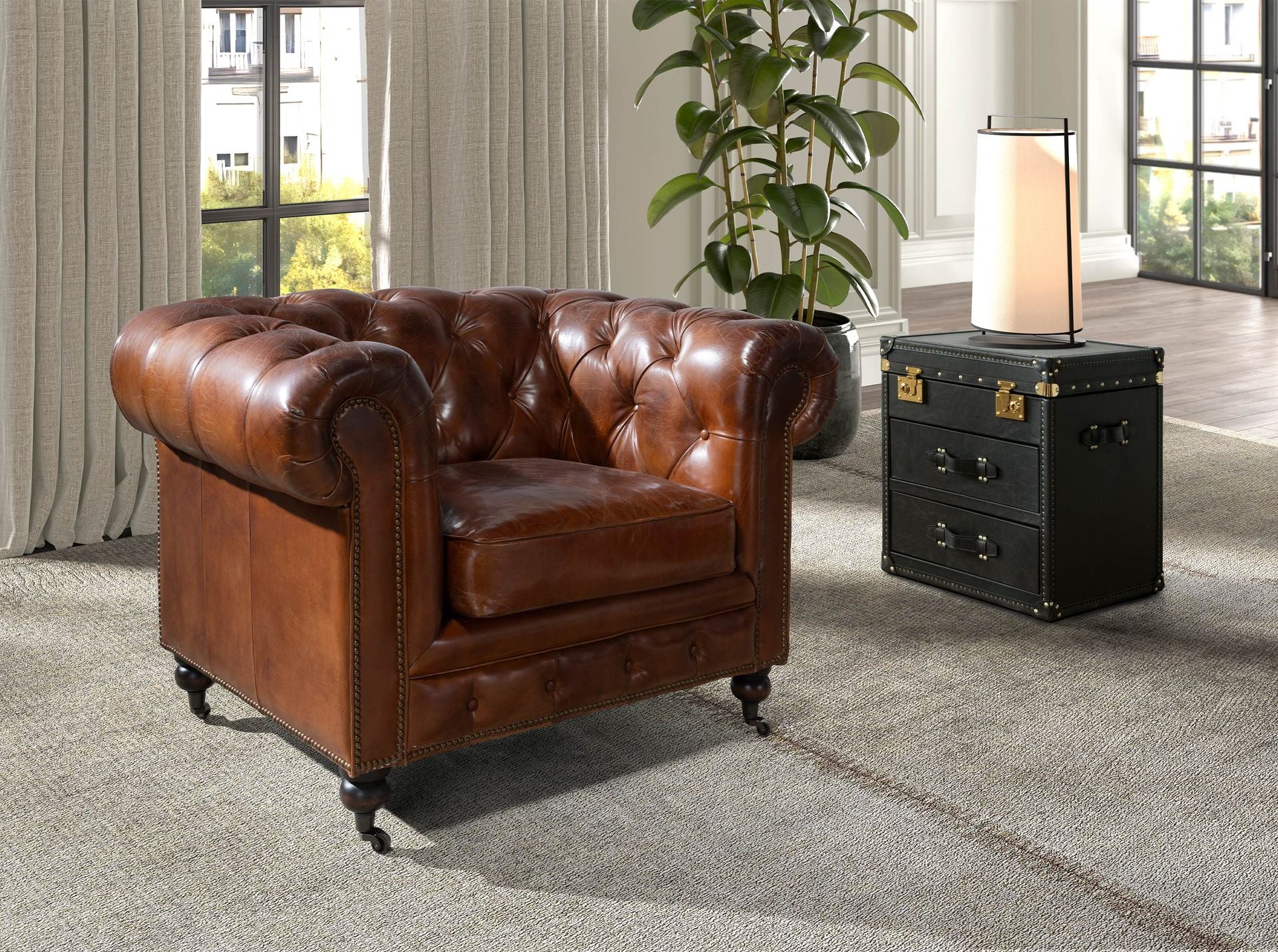 Poltrona Chester in pelle marrone cognac