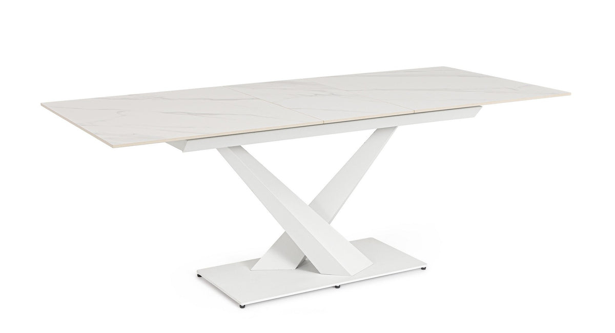 Tavolo allungabile in gres porcellanato effetto marmo 160-200x90 cm - Bianco