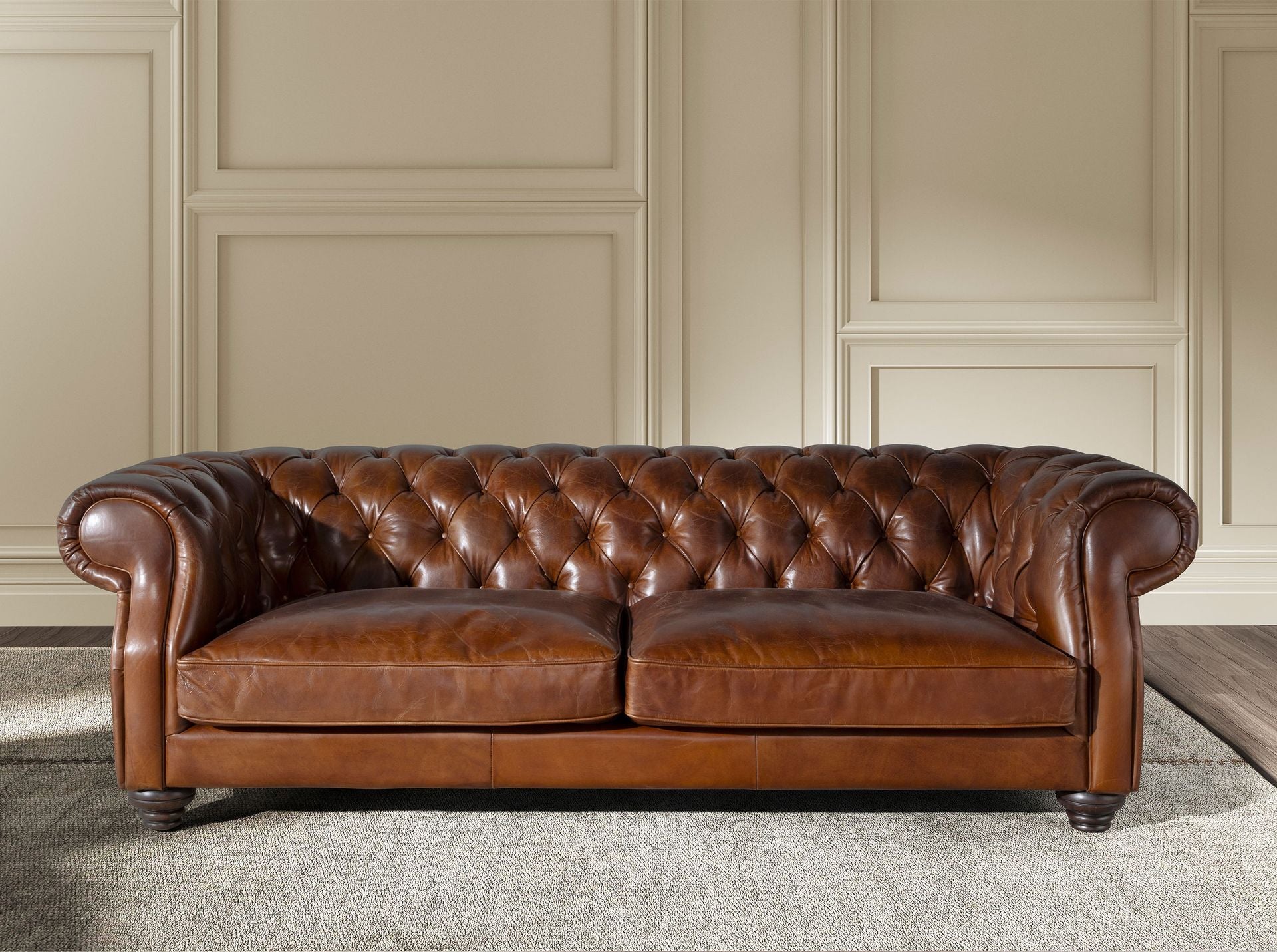 Divano chester 3 posti in pelle marrone cognac