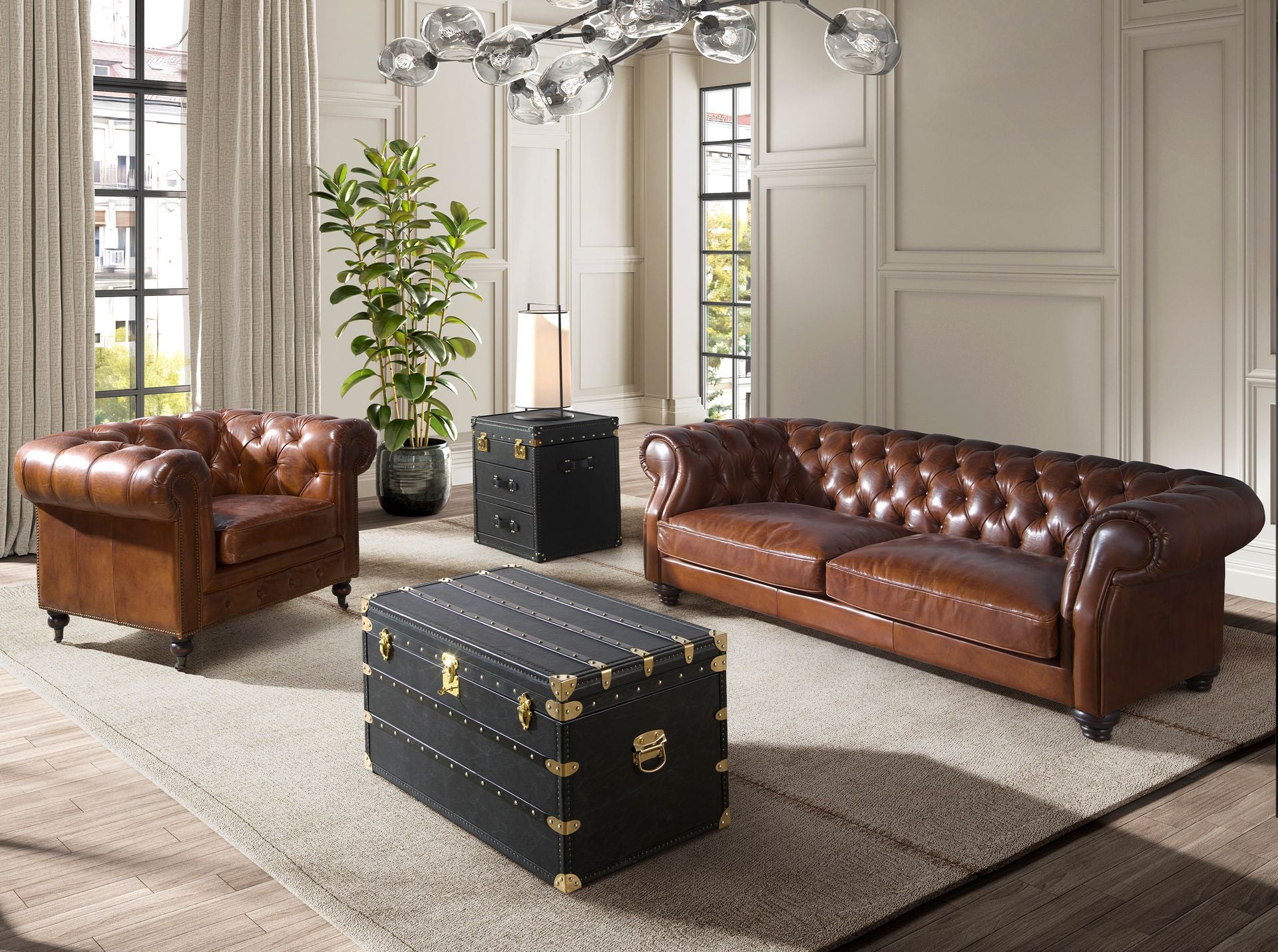 Divano chester 3 posti in pelle marrone cognac