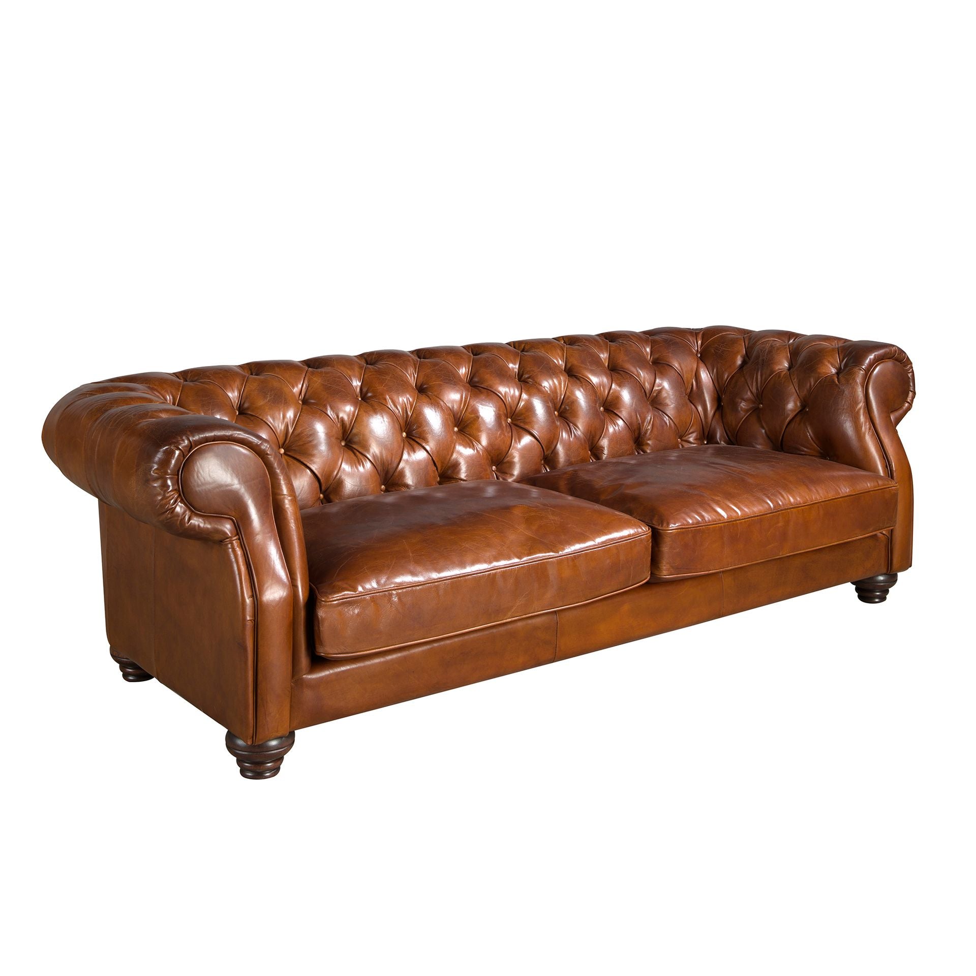 Divano chester 3 posti in pelle marrone cognac