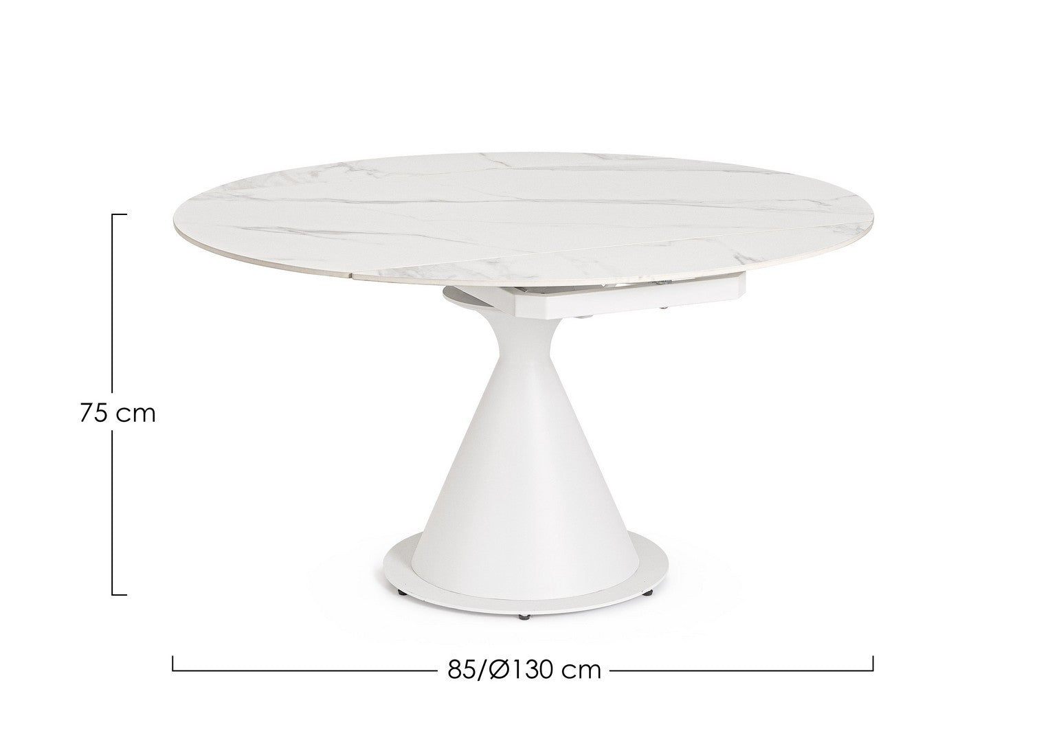 Tavolo rotondo allungabile in gres porcellanato effetto marmo 85-135 cm