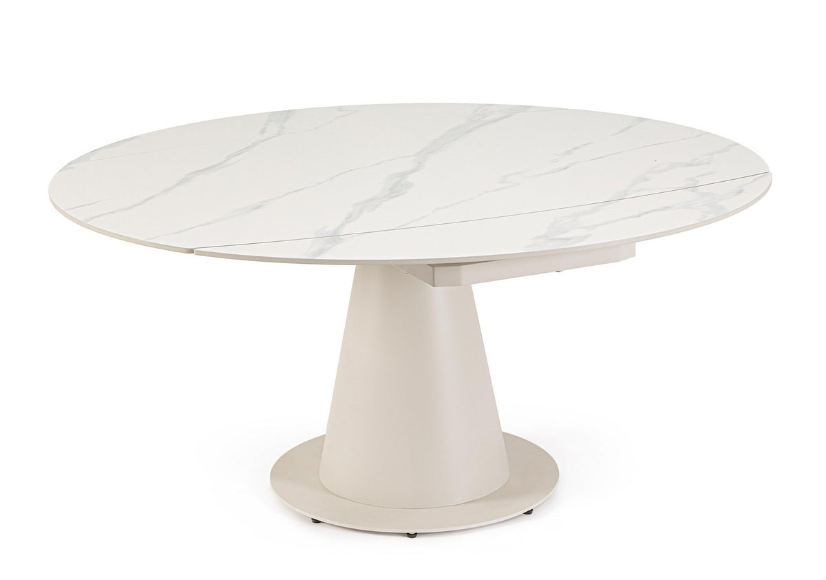 Tavolo allungabile da ovale a rotondo in gres effetto marmo 160x102 cm - Crema con piano effetto statuario