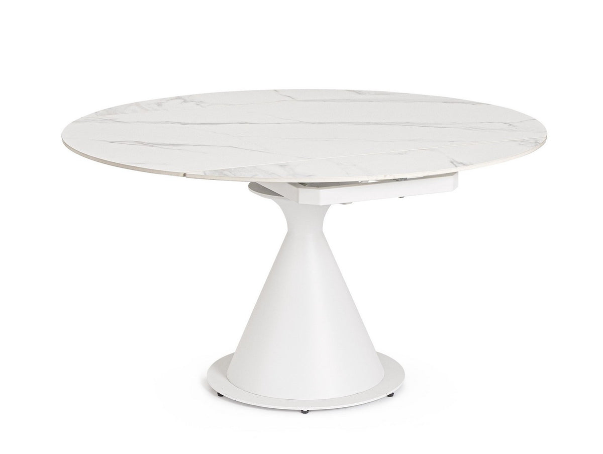 Tavolo rotondo allungabile in gres porcellanato effetto marmo 85-135 cm - Bianco