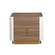 Comodino noce, beige, acciaio lucido dorato e piano in noce