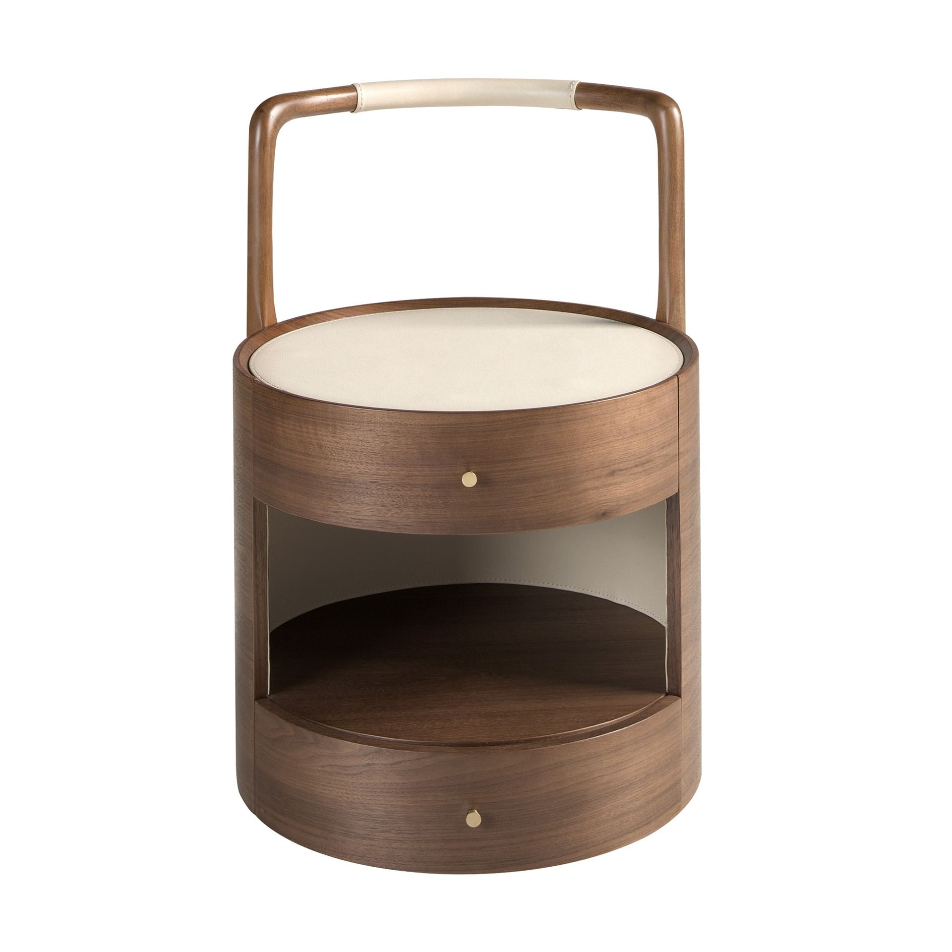 Comodino in noce con piano in pelle color crema