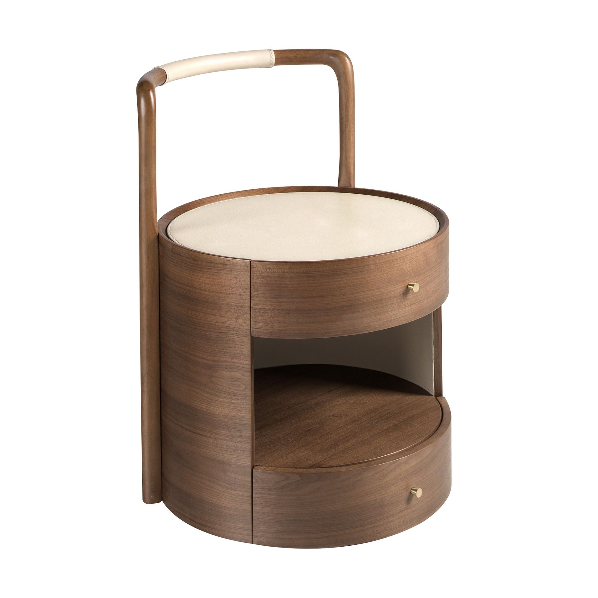 Comodino in noce con piano in pelle color crema