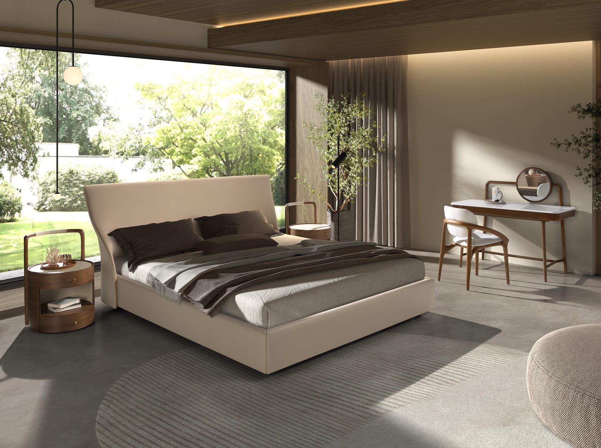 Comodino in noce con piano in pelle color crema