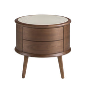 Comodino in noce con piano in pelle color crema