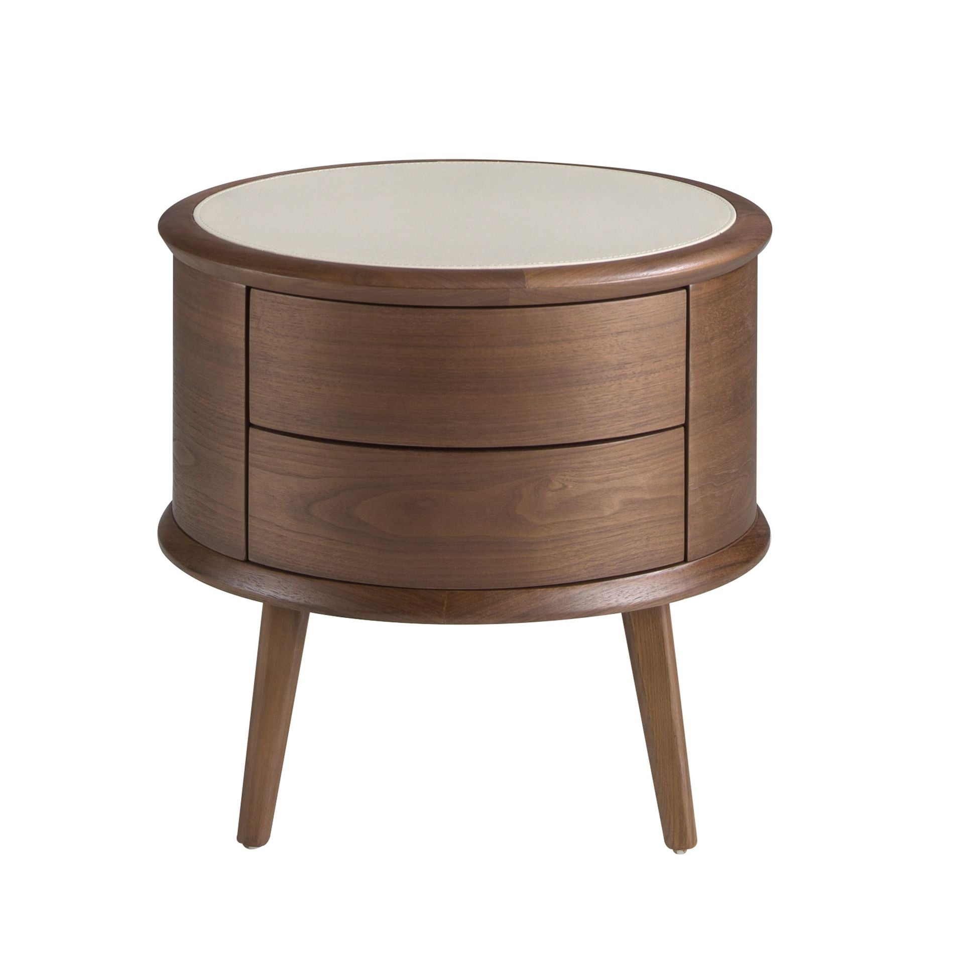 Comodino in noce con piano in pelle color crema