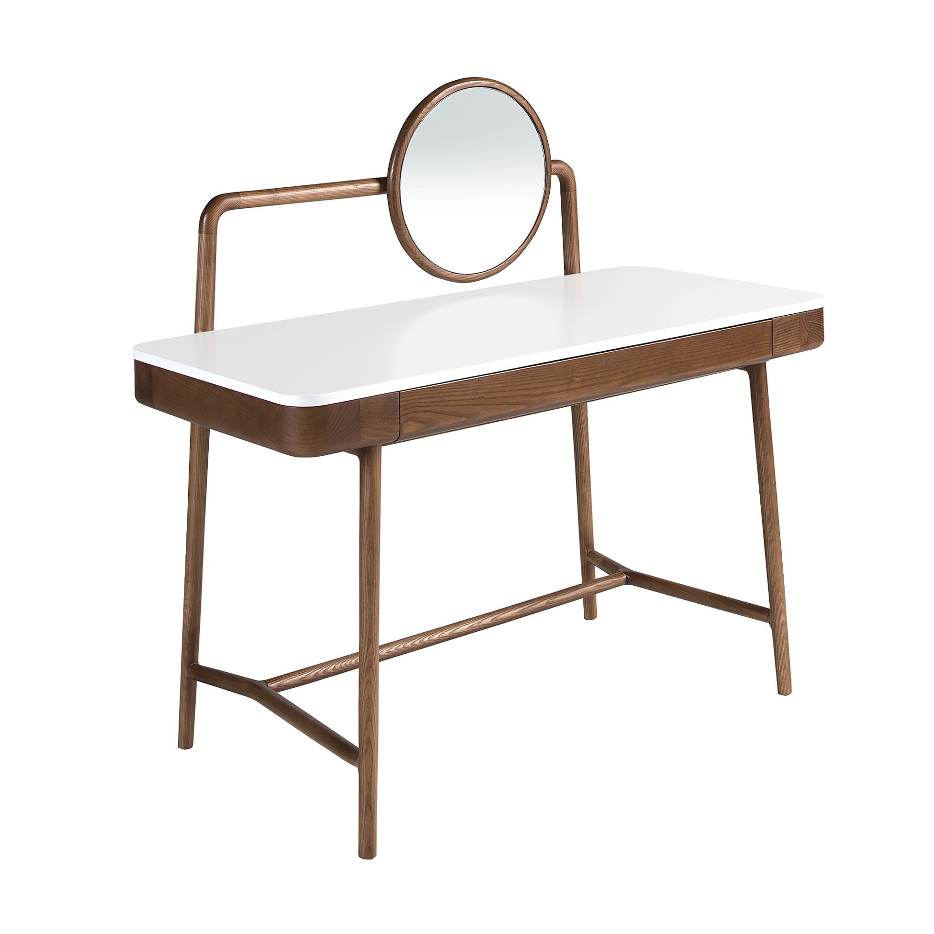 Scrivania toeletta in noce con piano in legno bianco e specchio