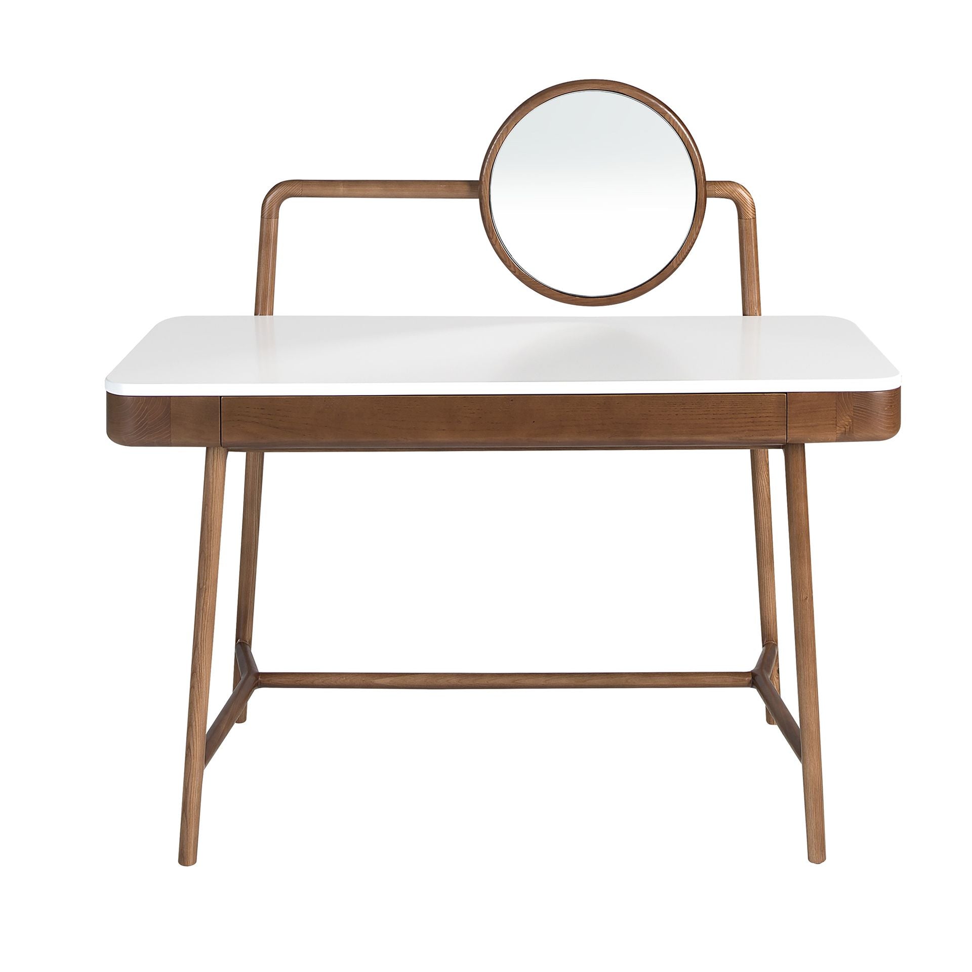 Scrivania toeletta in noce con piano in legno bianco e specchio