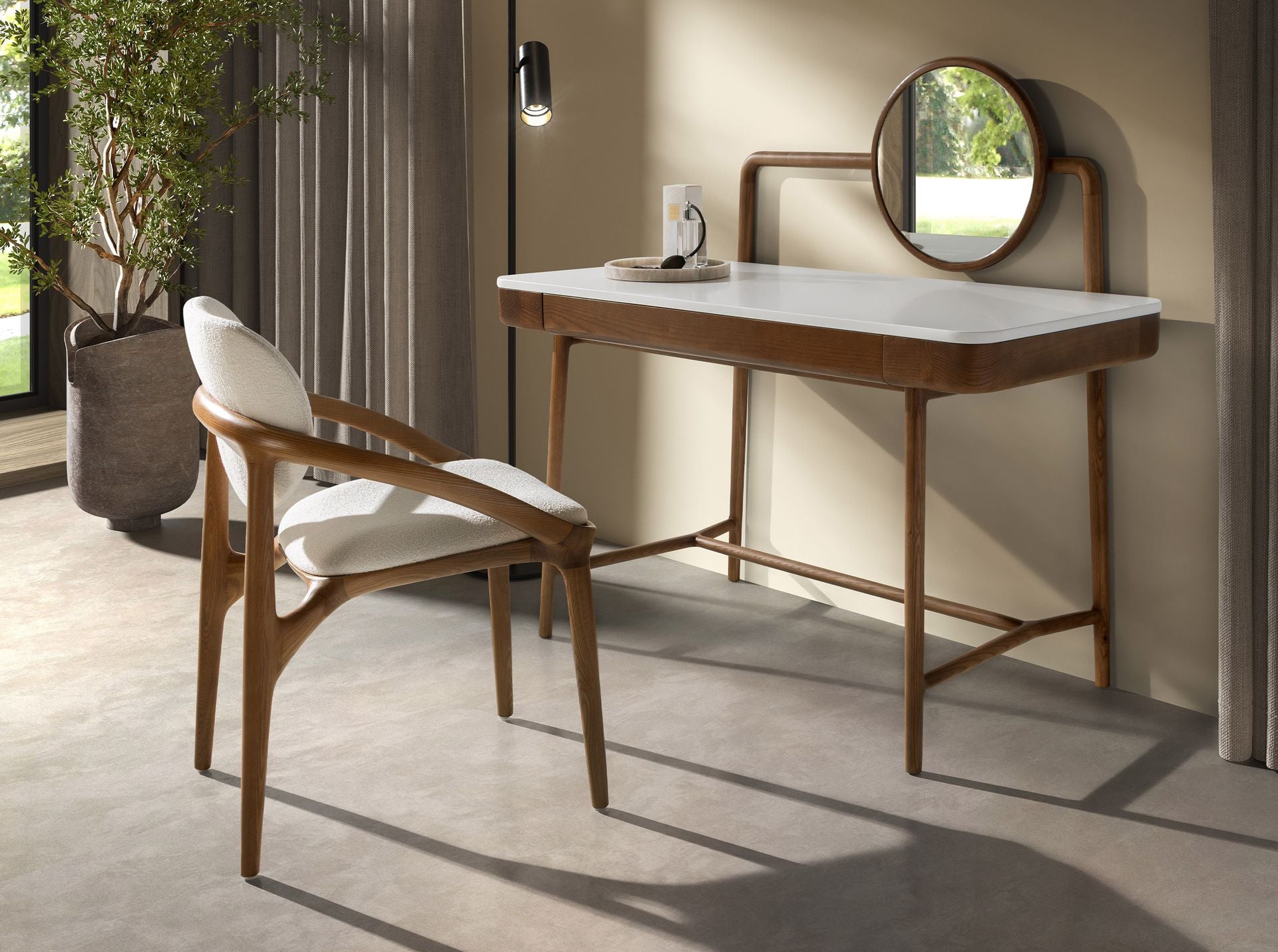 Scrivania toeletta in noce con piano in legno bianco e specchio