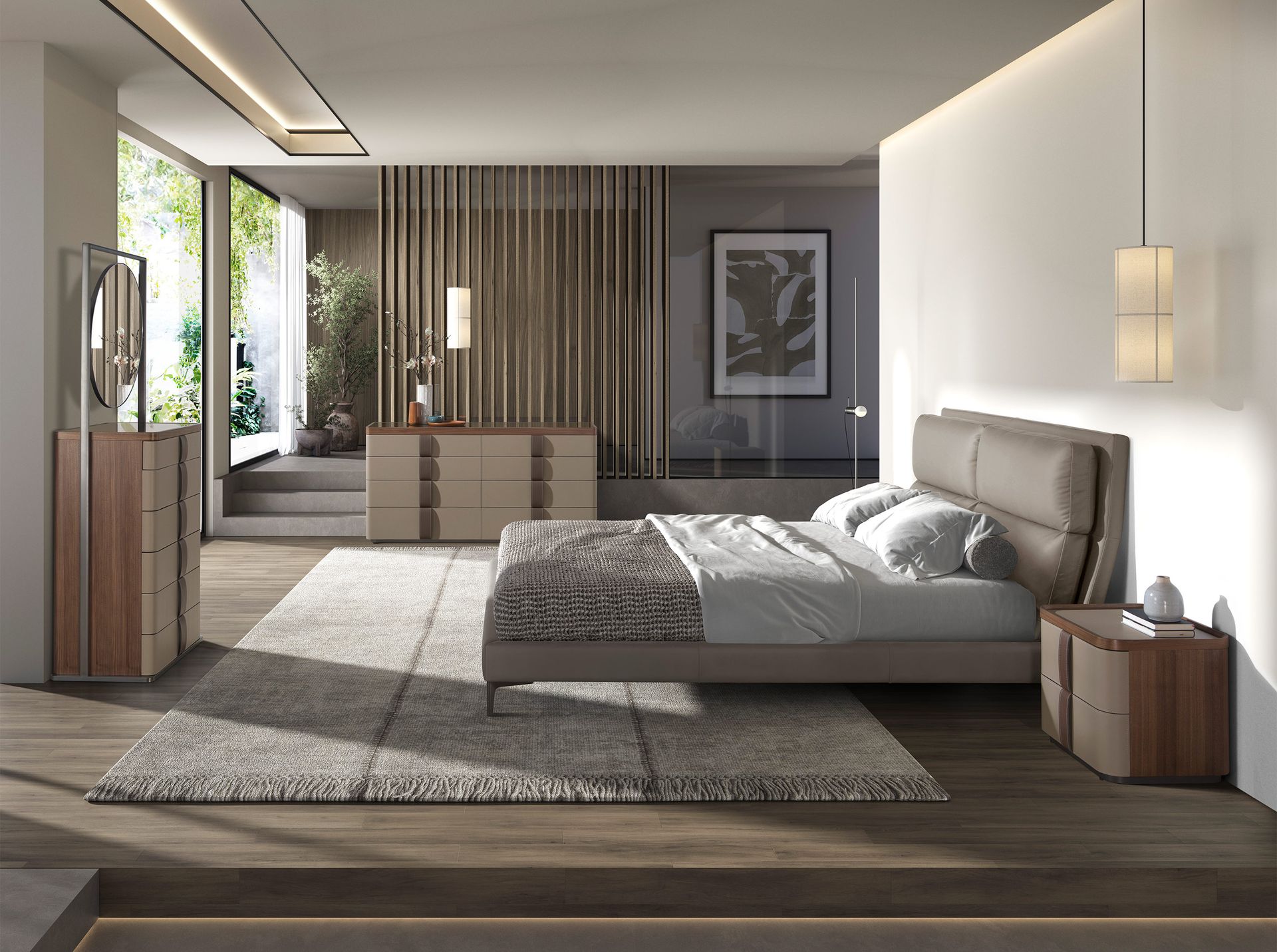 Comò in similpelle, noce, acciaio grigio e piano in vetro fumé marrone con specchio