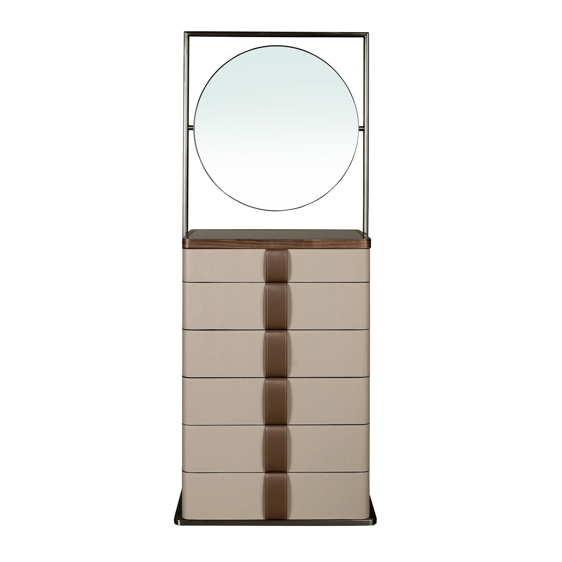 Comò in similpelle, noce, acciaio grigio e piano in vetro fumé marrone con specchio