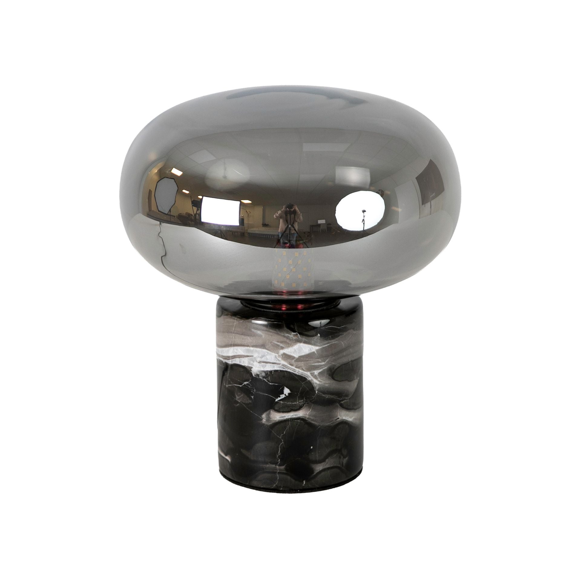 Lampada da tavolo in vetro fumé grigio effetto specchio e marmo porcellanato