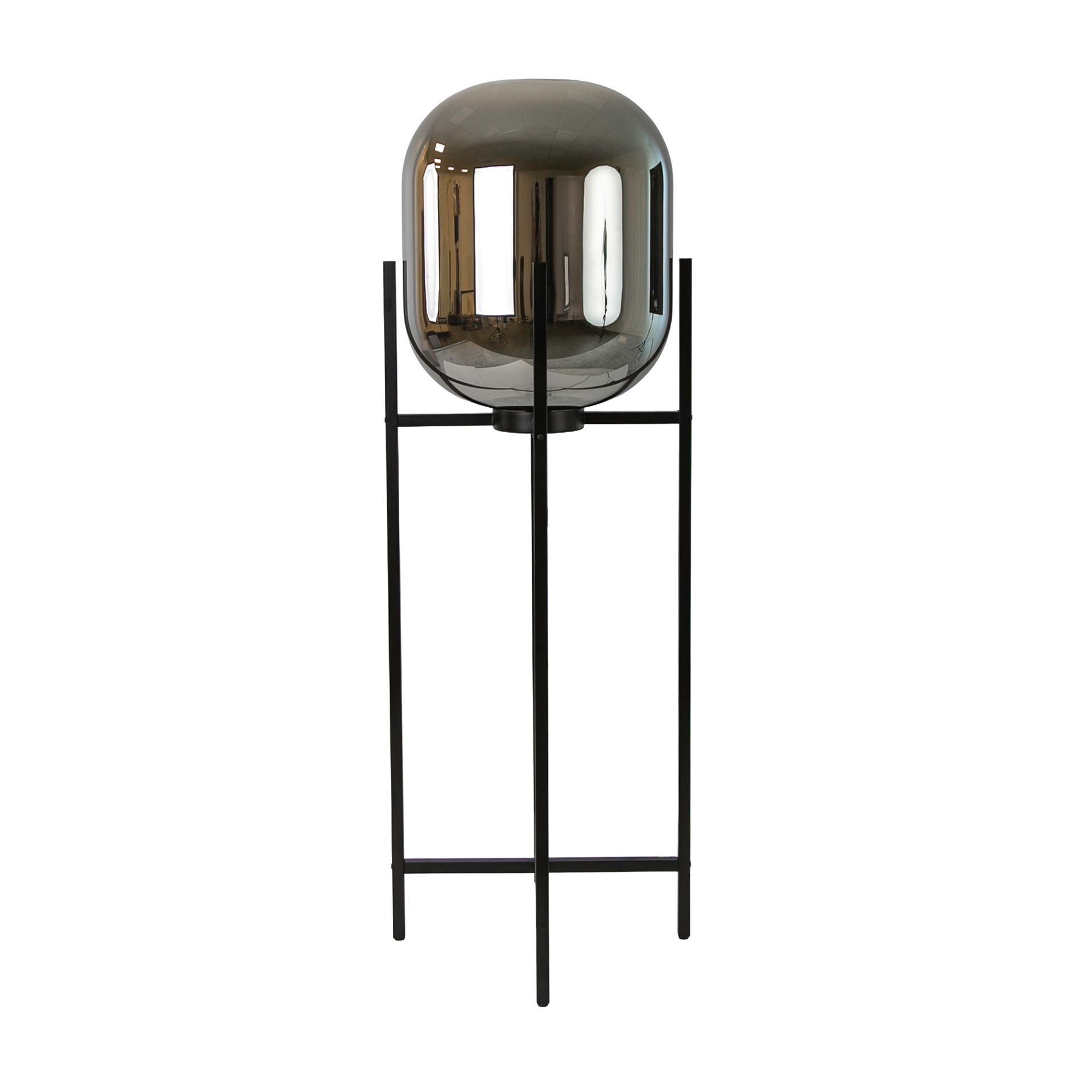 Lampada da terra in vetro effetto specchio fumé grigio e acciaio nero