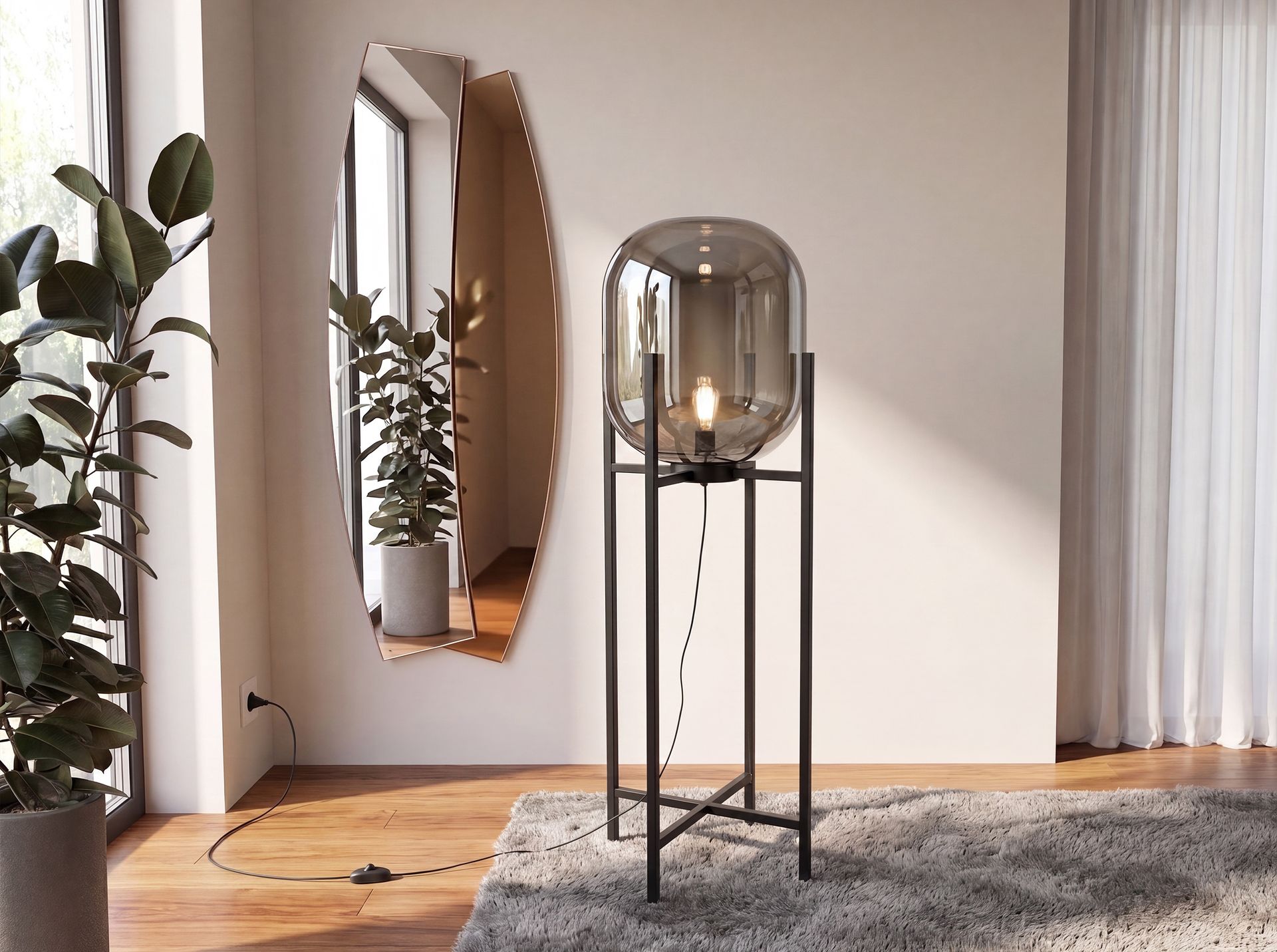 Lampada da terra in vetro effetto specchio fumé grigio e acciaio nero