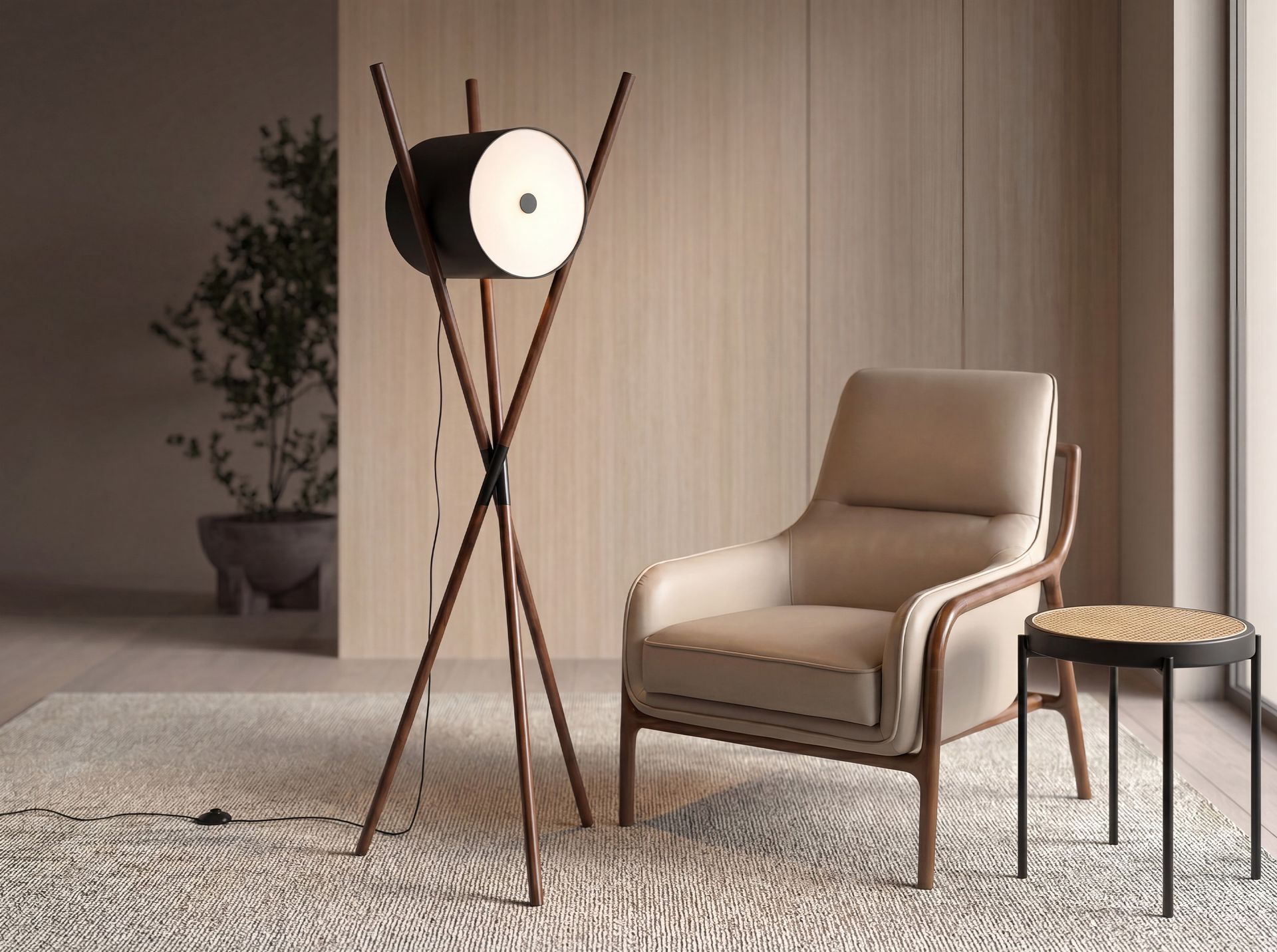 Lampada da terra in legno rivestita in similpelle nera e noce scuro