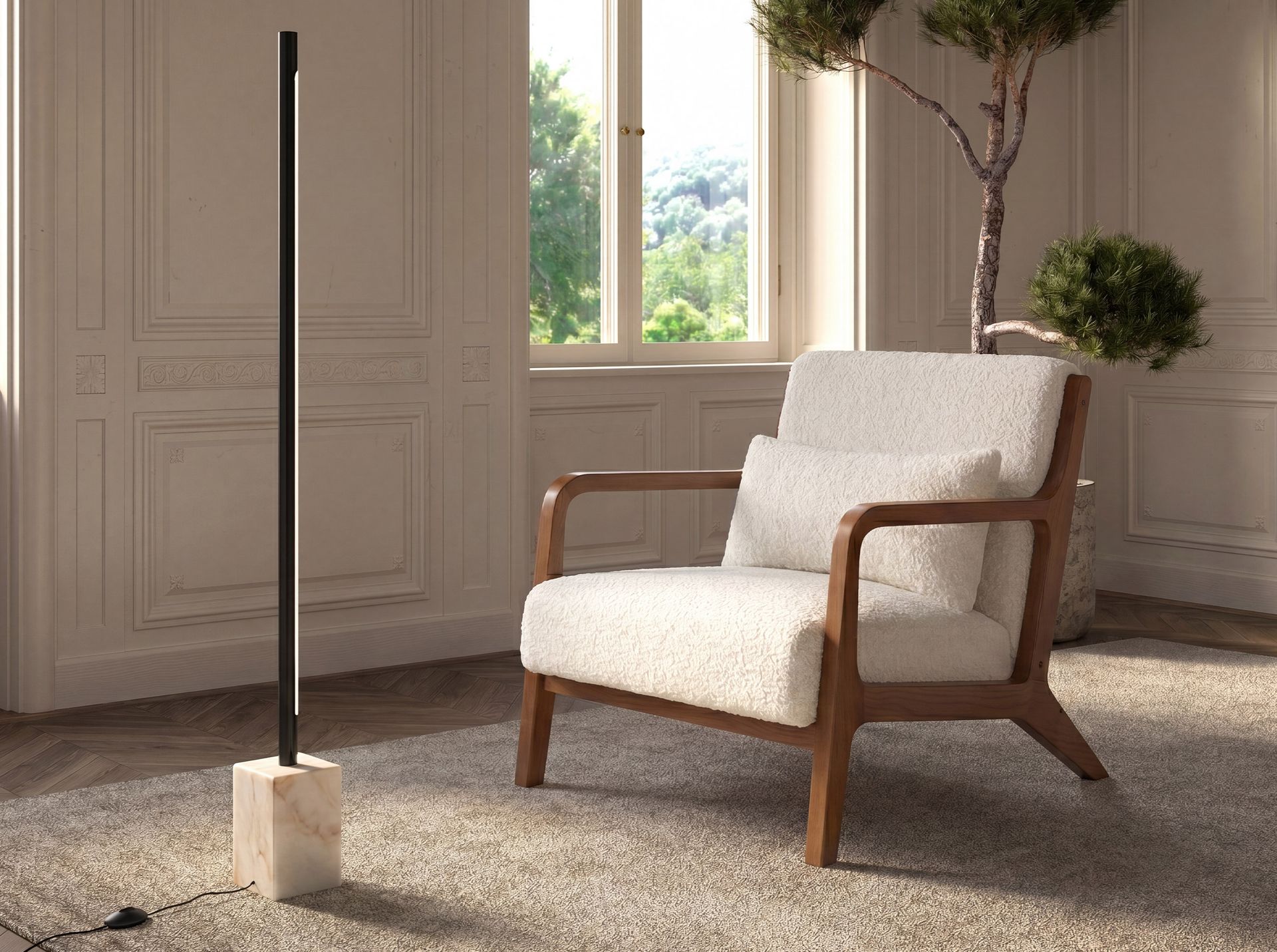 Lampada da terra in acciaio nero con base in marmo porcellanato