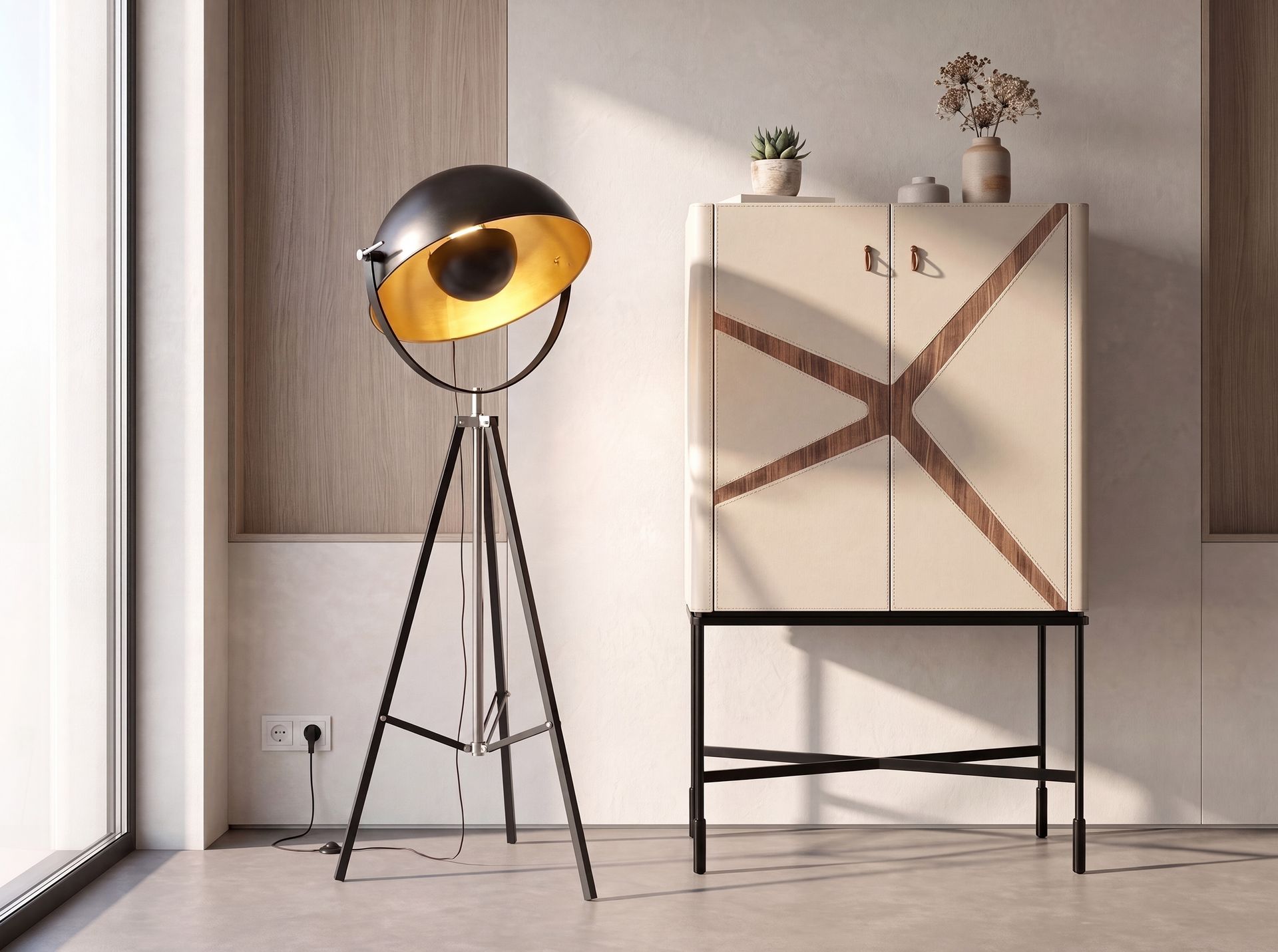 Lampada da terra in acciaio nero e acciaio dorato lucido