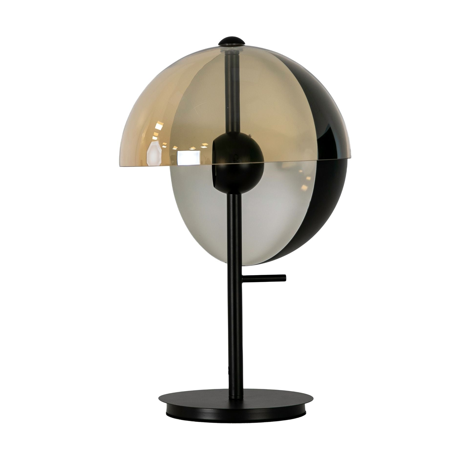 Lampada da tavolo in vetro fumé ambra e acciaio nero e bianco con base in acciaio nero