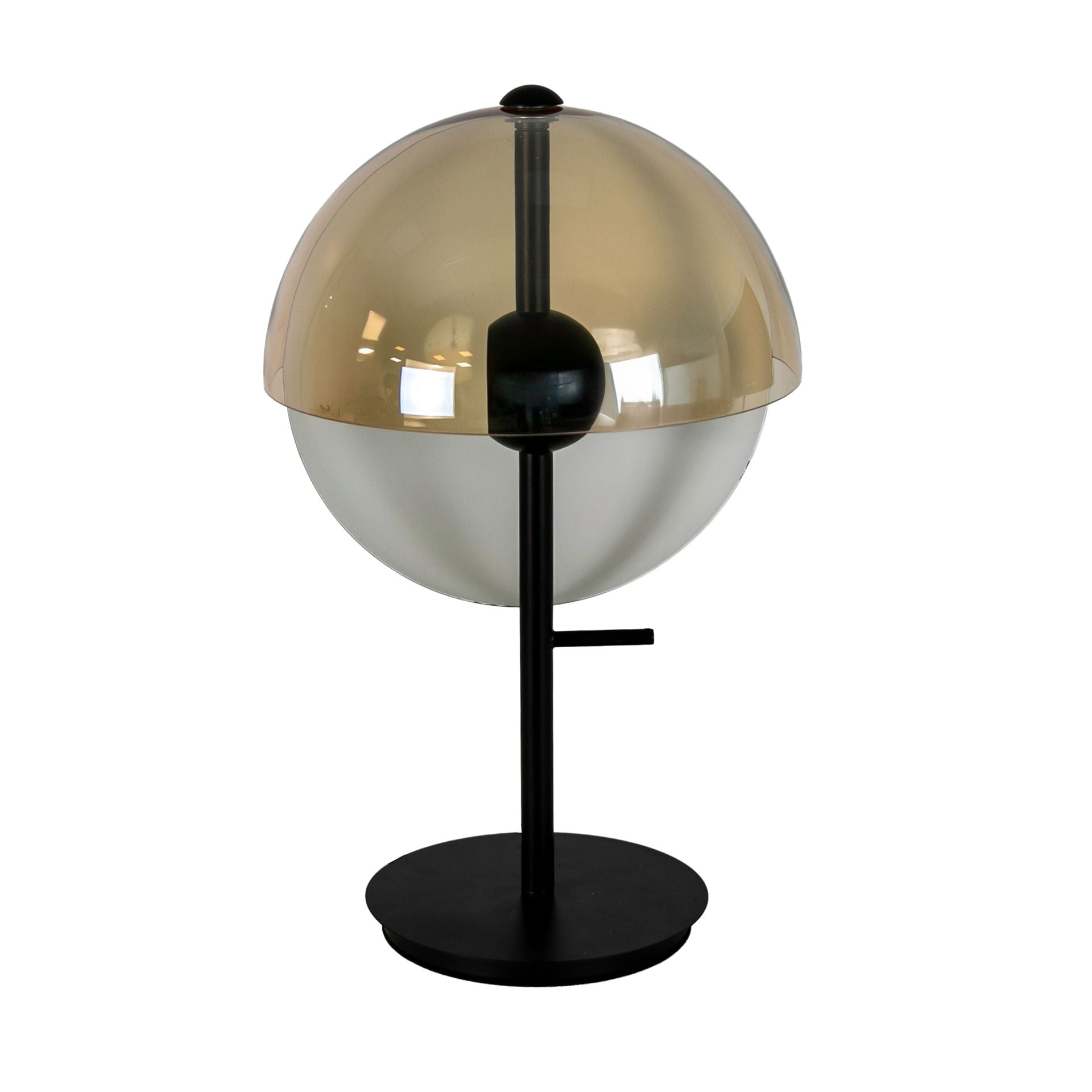 Lampada da tavolo in vetro fumé ambra e acciaio nero e bianco con base in acciaio nero