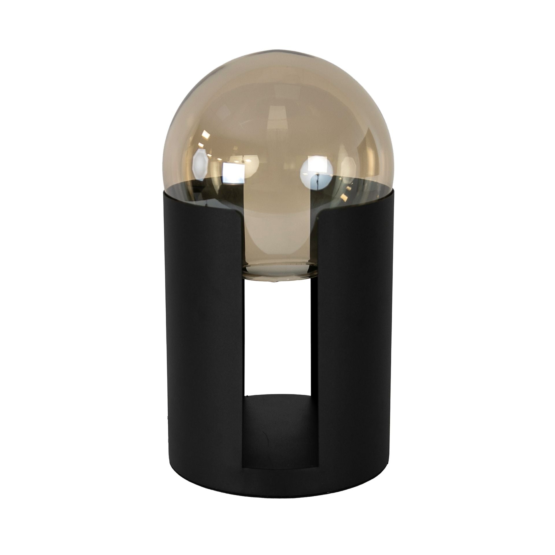 Lampada da tavolo in vetro fumé color ambra e acciaio nero