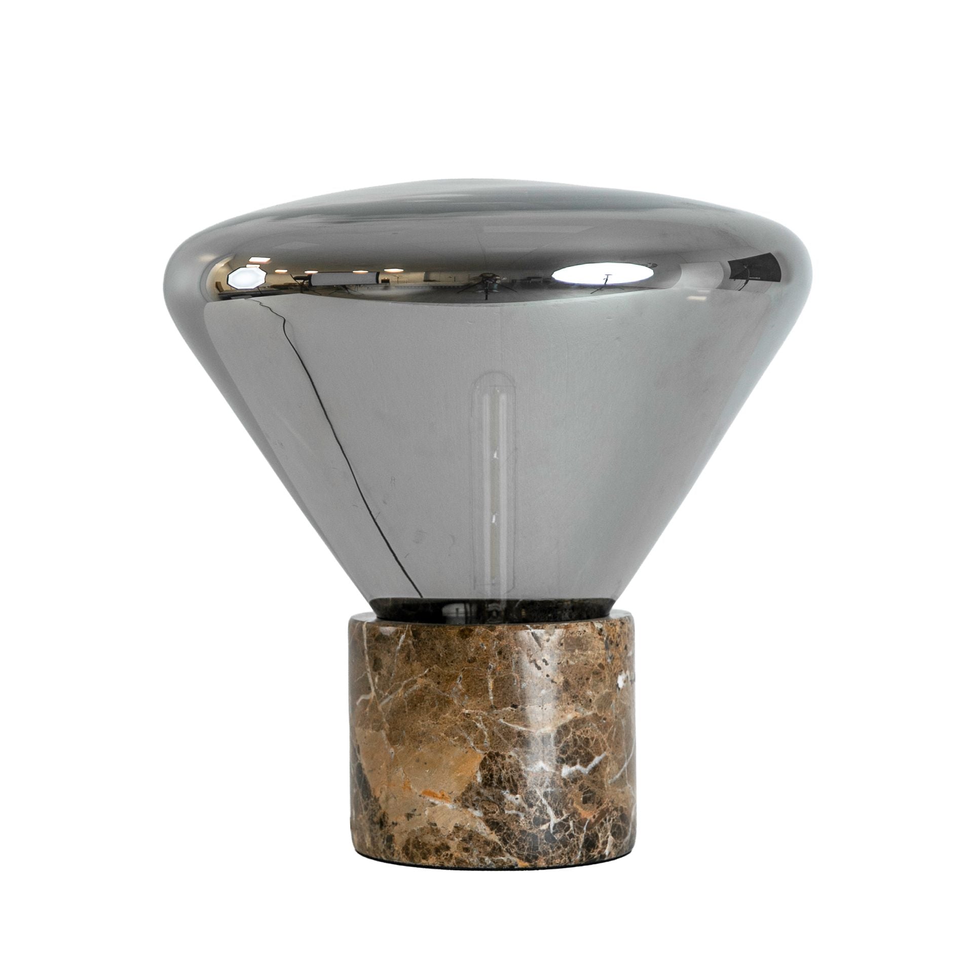 Lampada da tavolo in vetro fumé grigio effetto specchio e marmo porcellanato