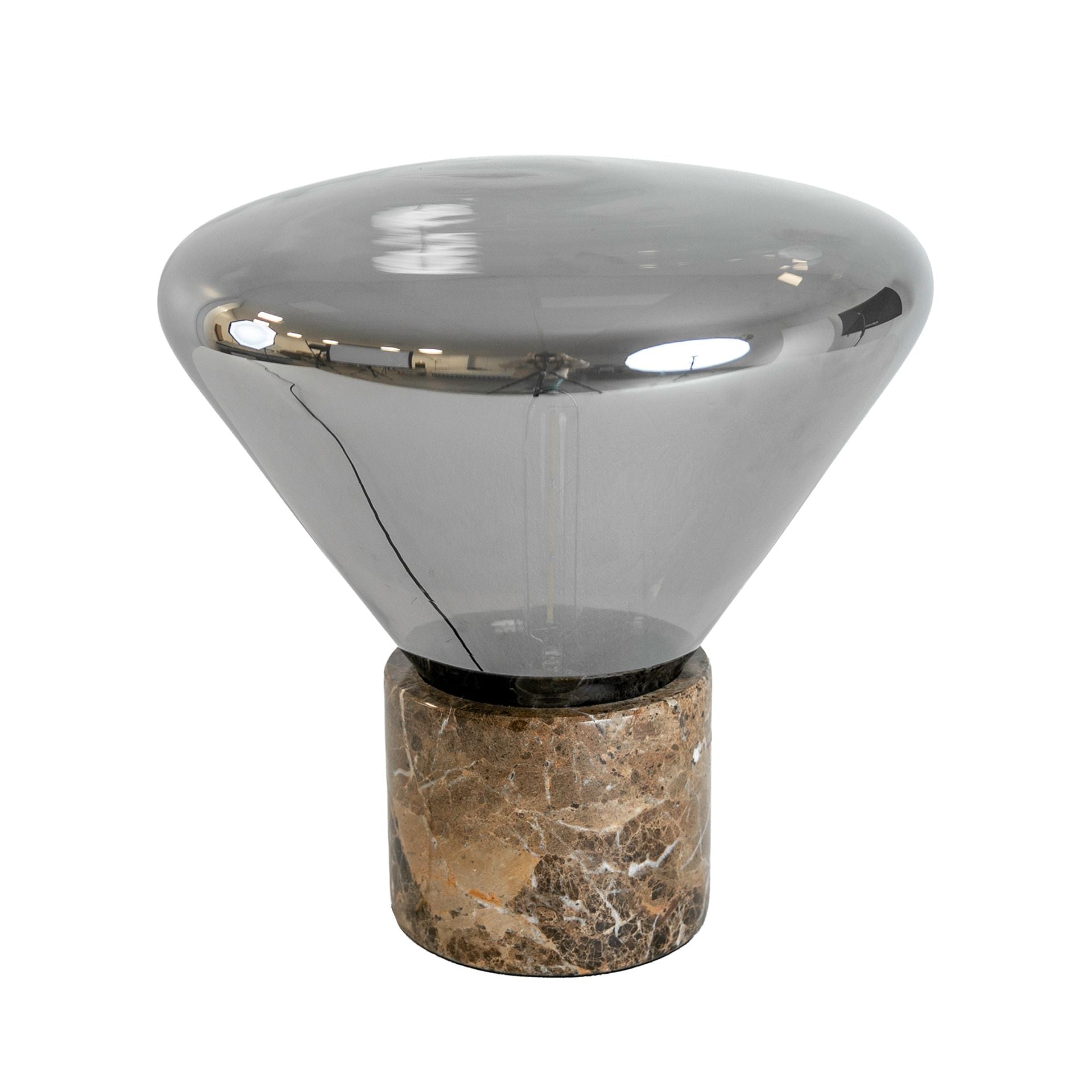 Lampada da tavolo in vetro fumé grigio effetto specchio e marmo porcellanato