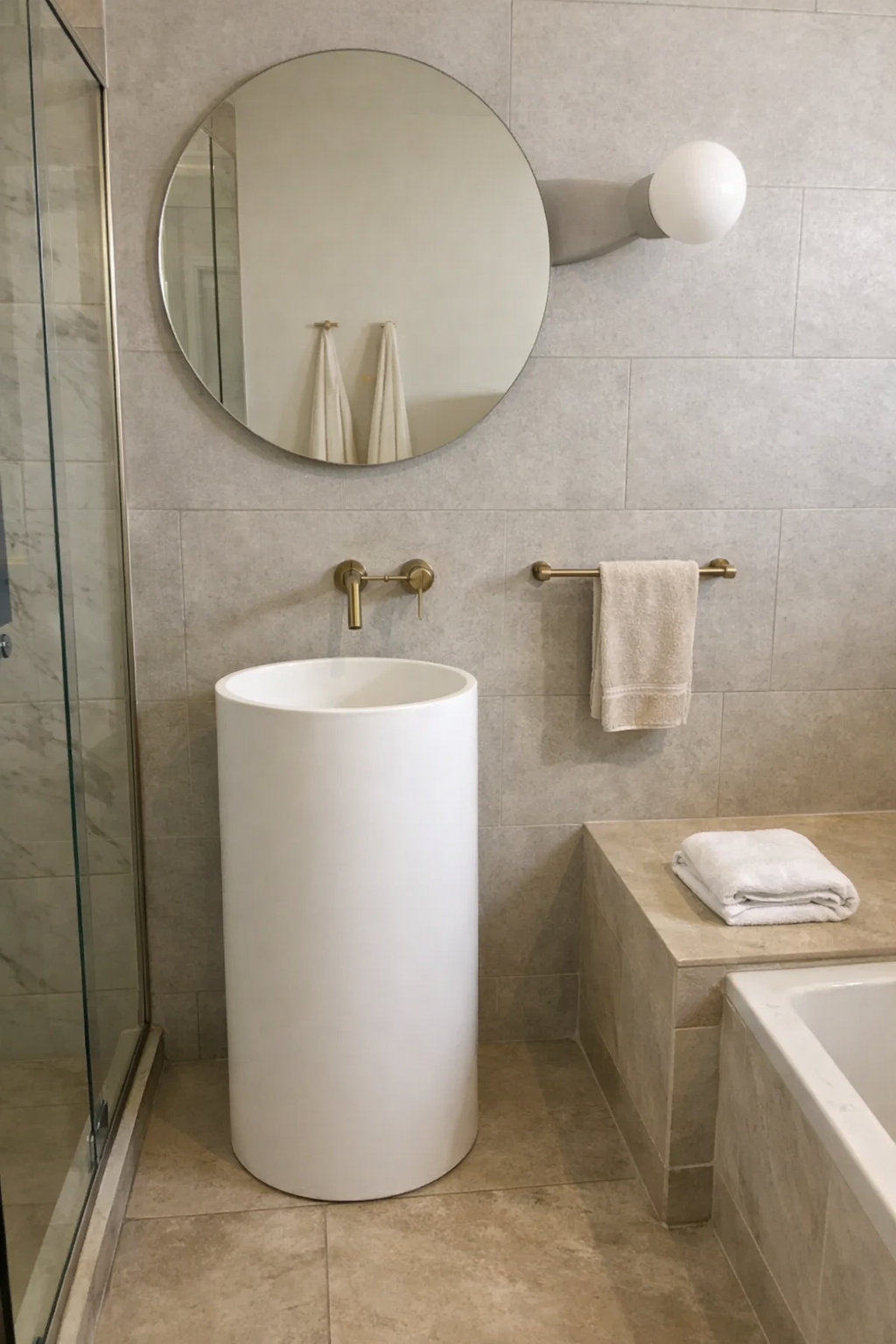 Lublin - Lavabo freestanding da terra da appoggio rotondo Ø40 cm in cemento bianco
