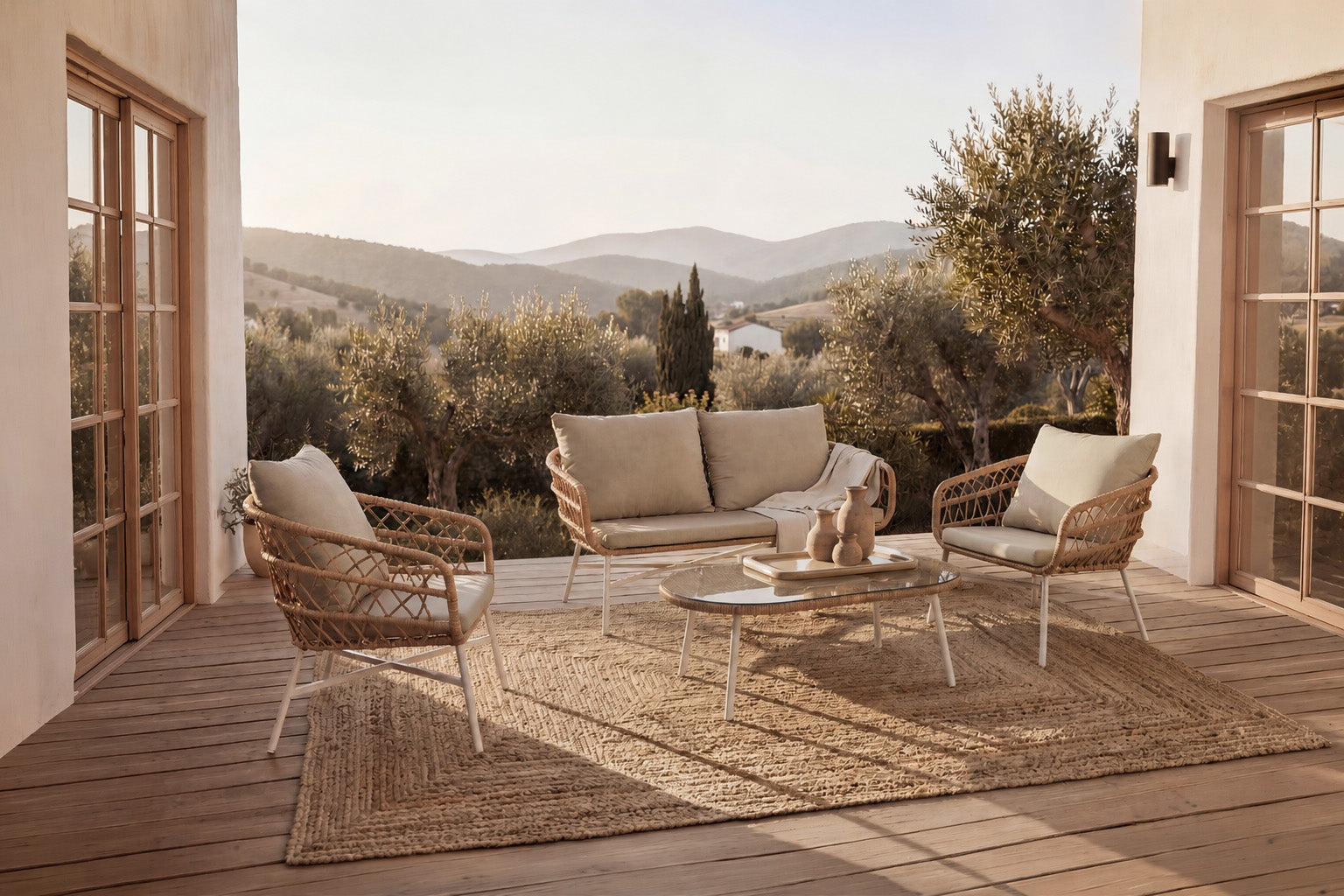 Set da giardino PERUGIA – divano, 2 poltrone e tavolino - Bianco