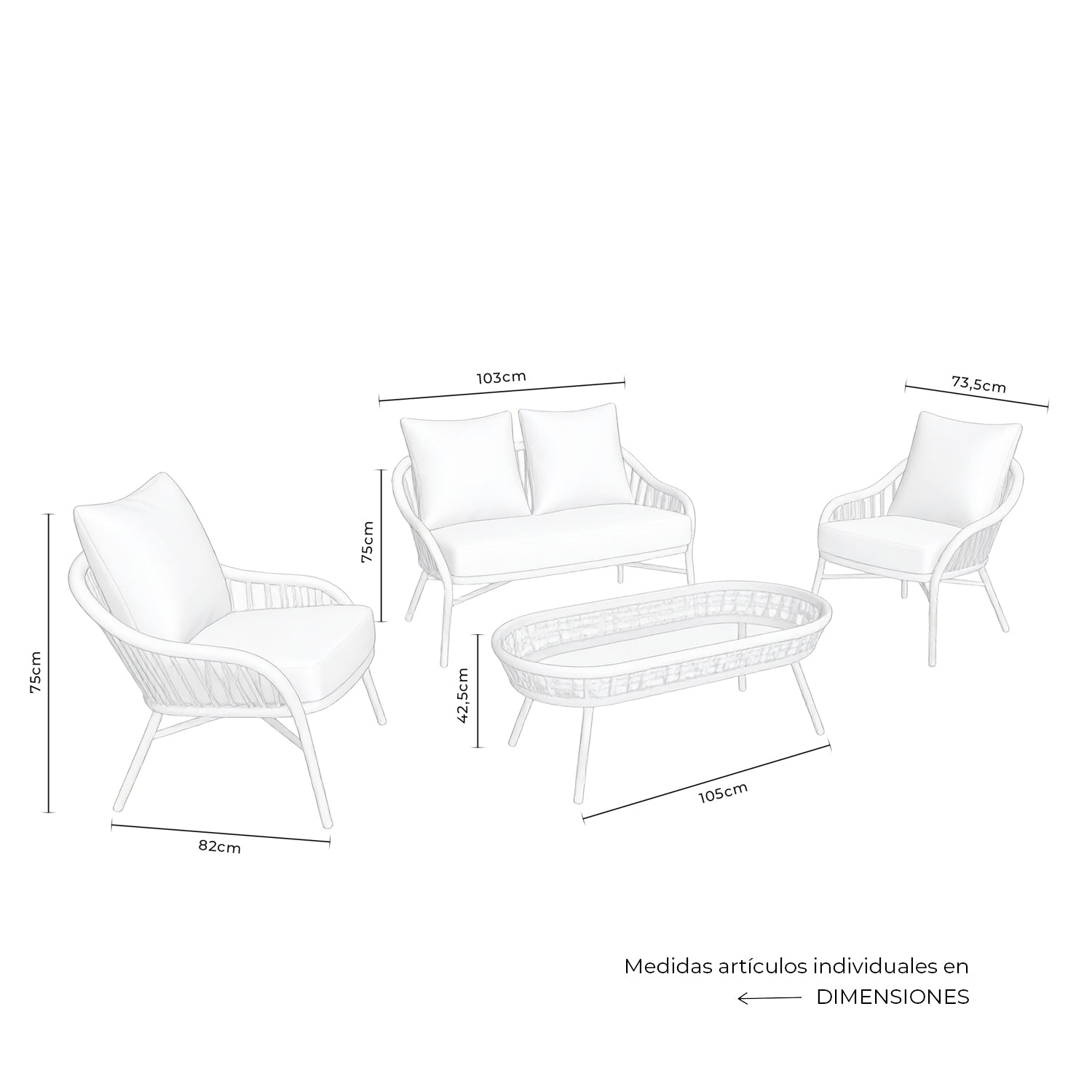 Set da giardino SALONICA – divano, 2 poltrone e tavolino