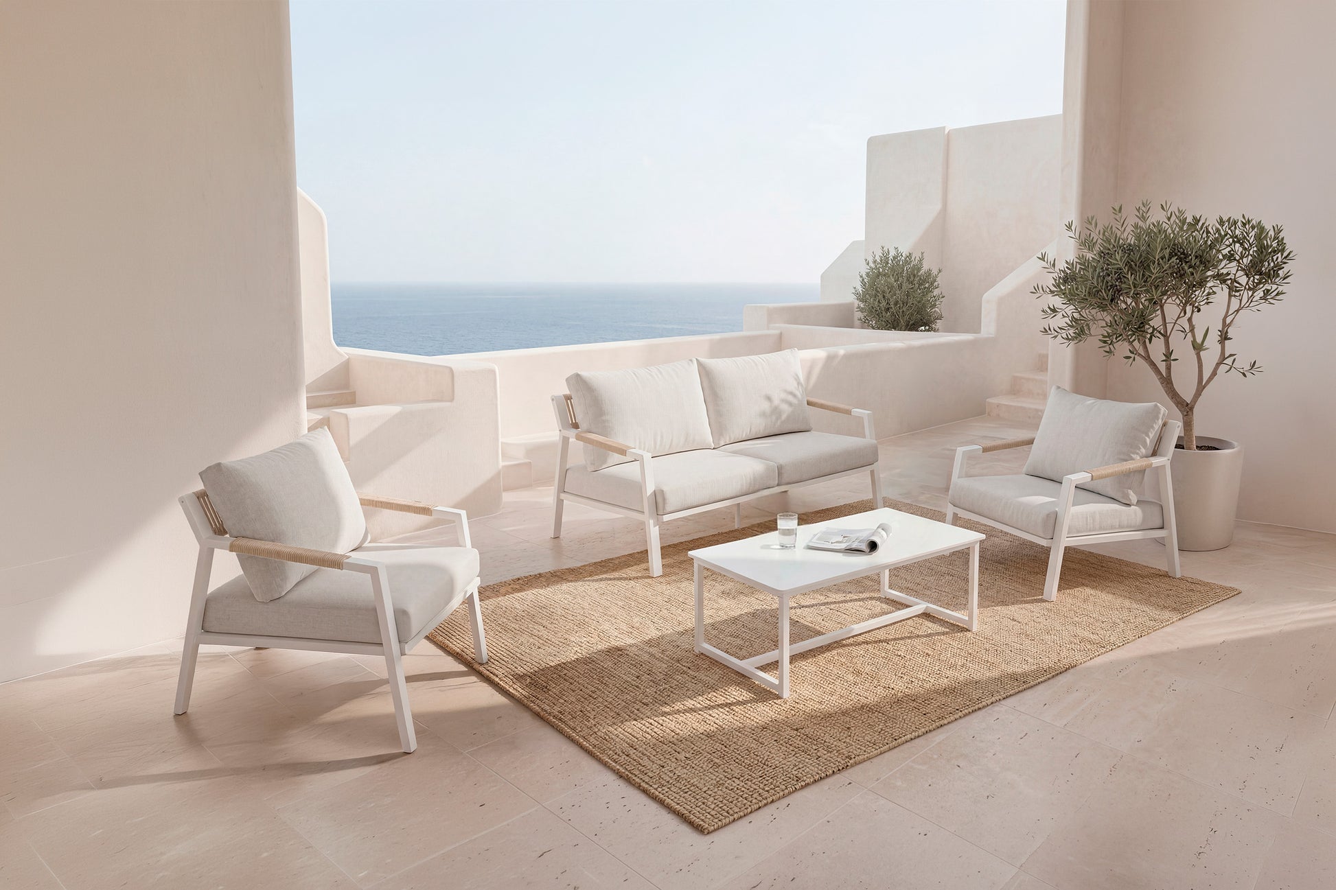 Set da giardino MUSCAT – divano, 2 poltrone e tavolino - Bianco