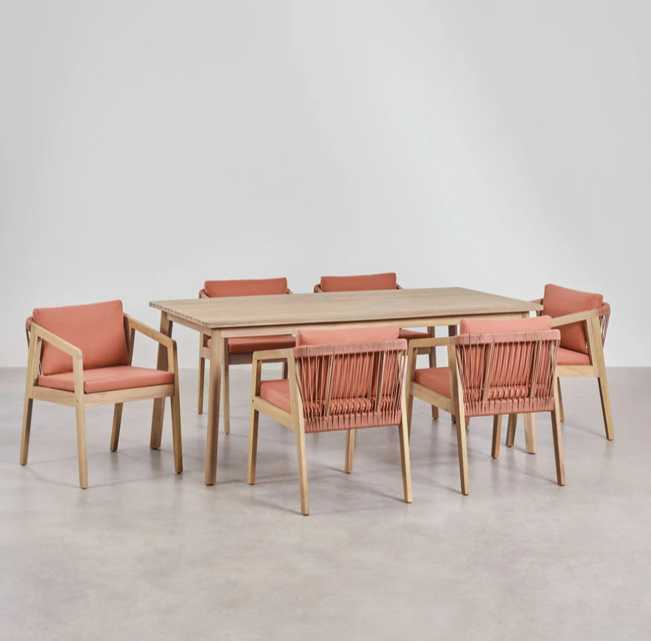 Set Kaela - Set da tavolo rettangolare 180x90 cm e 6 sedie da giardino in legno di acacia e corda intrecciata