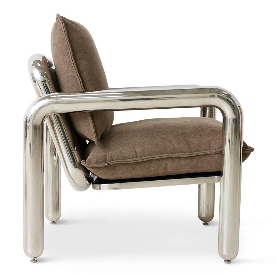 Poltrona lounge cromata, tela marrone