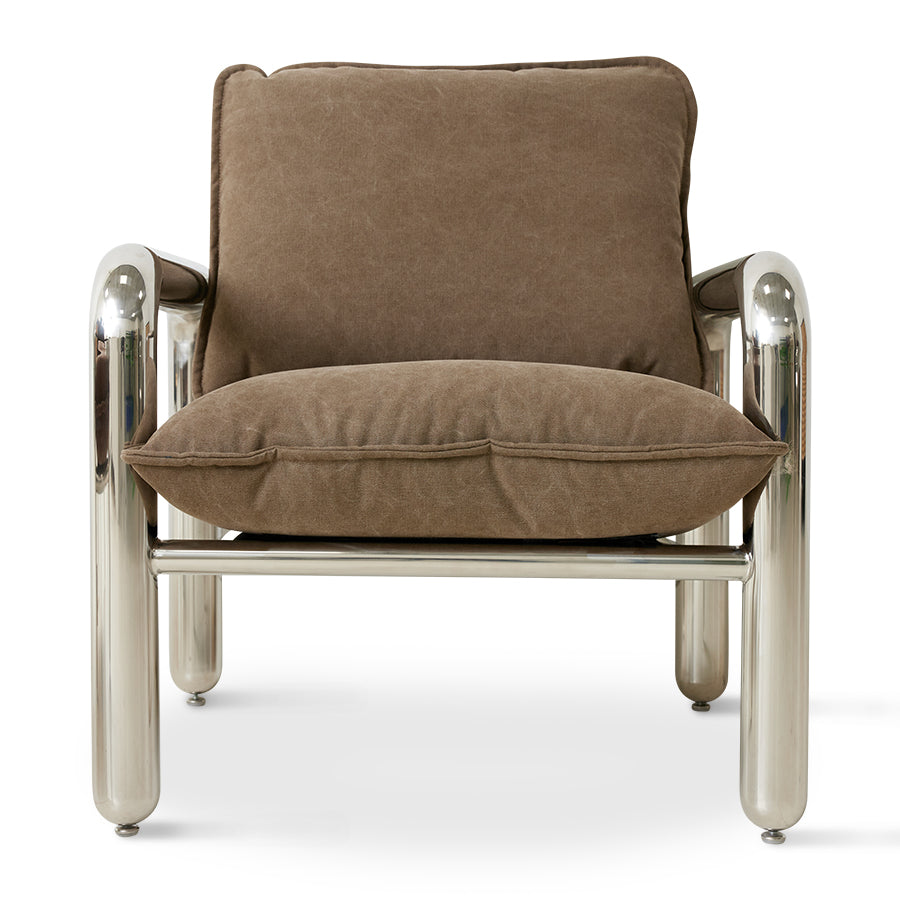 Poltrona lounge cromata, tela marrone